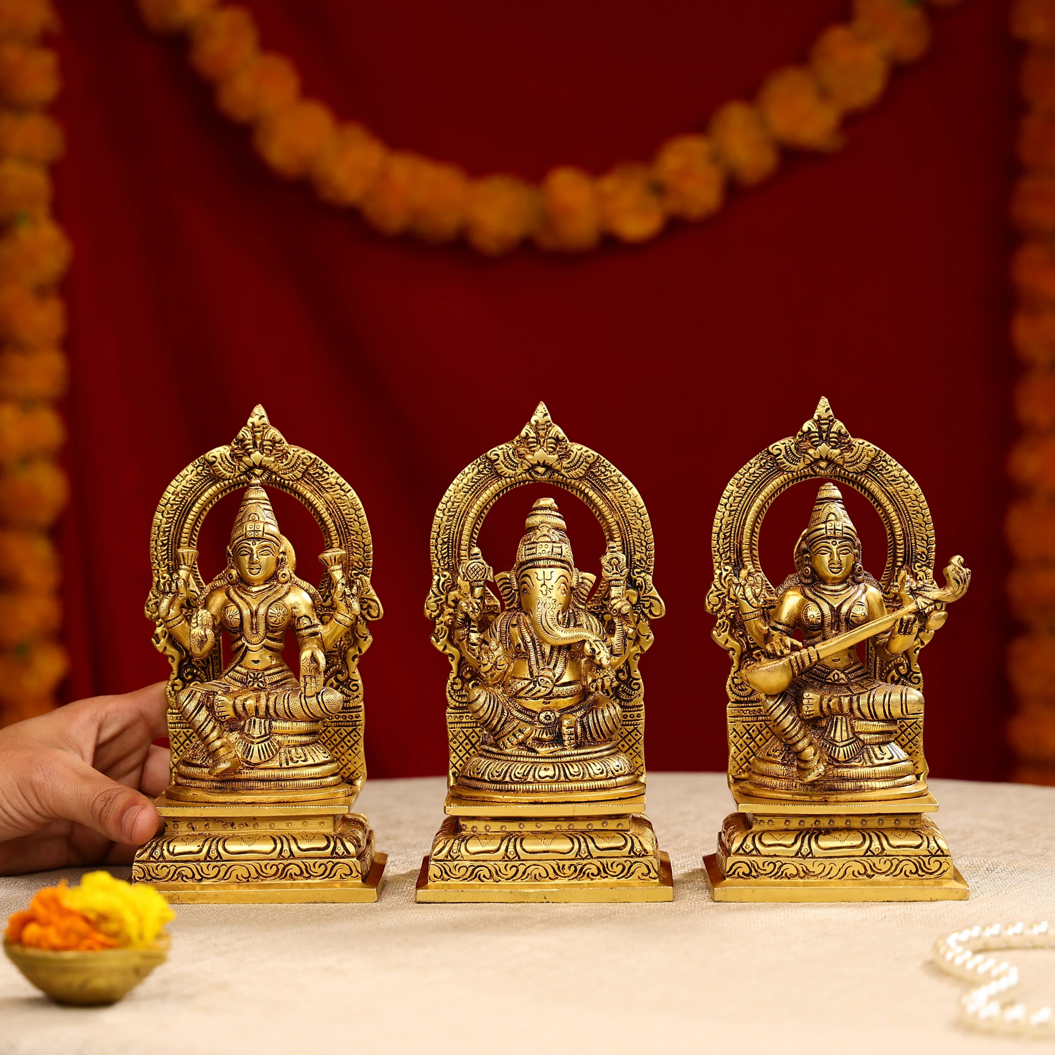 8" Super Fine Brass Goddess Lakshmi, Lord Ganesha & Goddess Saraswati Idols Seated on Throne - Image 4