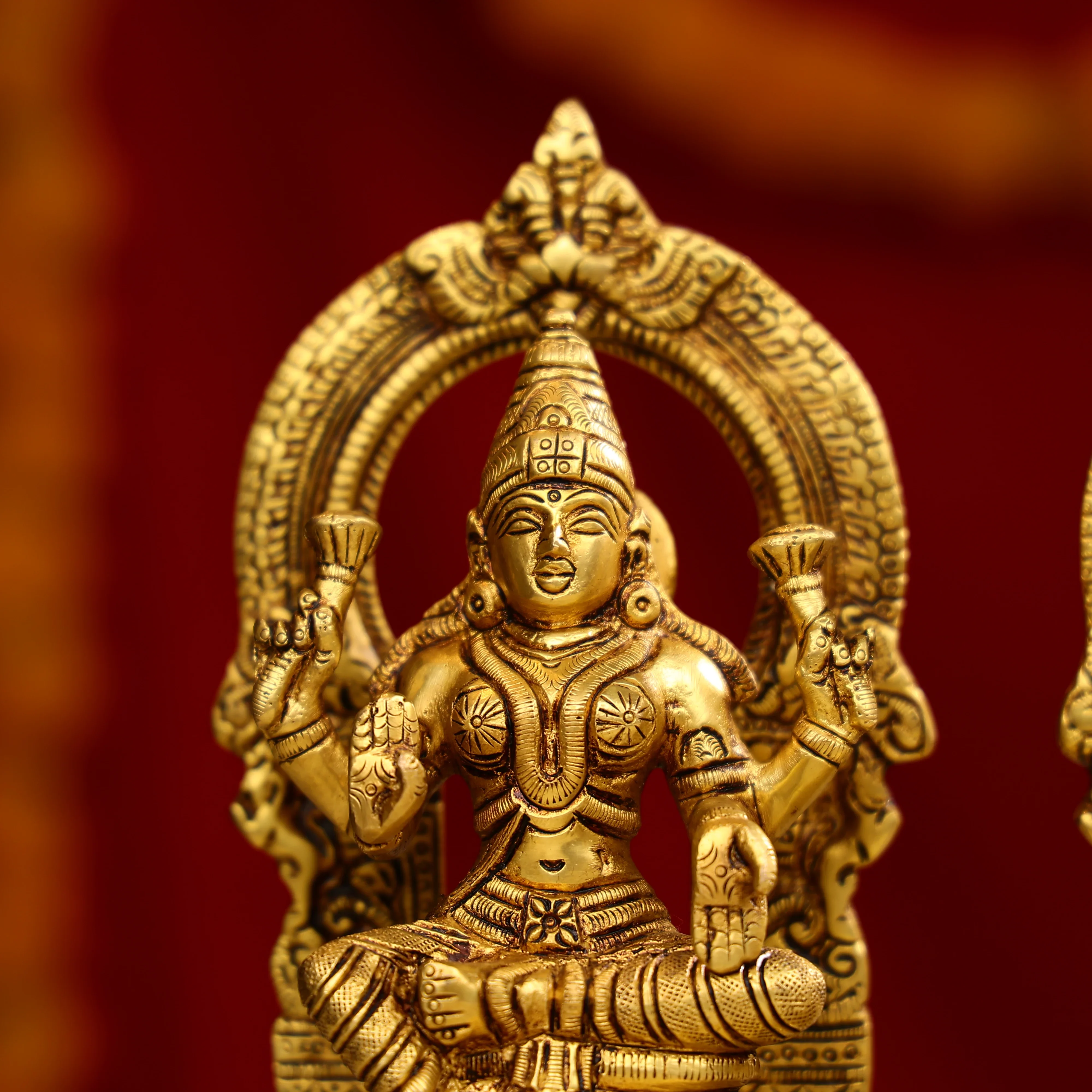 8" Super Fine Brass Goddess Lakshmi, Lord Ganesha & Goddess Saraswati Idols Seated on Throne - Image 7