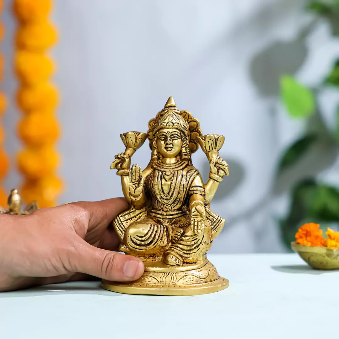 Brass Goddess Lakshmi Sitting On A Pedestal - Image 4
