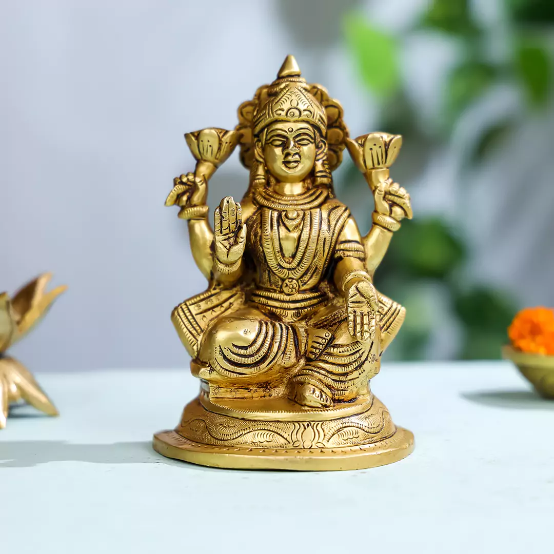 Brass Goddess Lakshmi Sitting On A Pedestal - Image 5