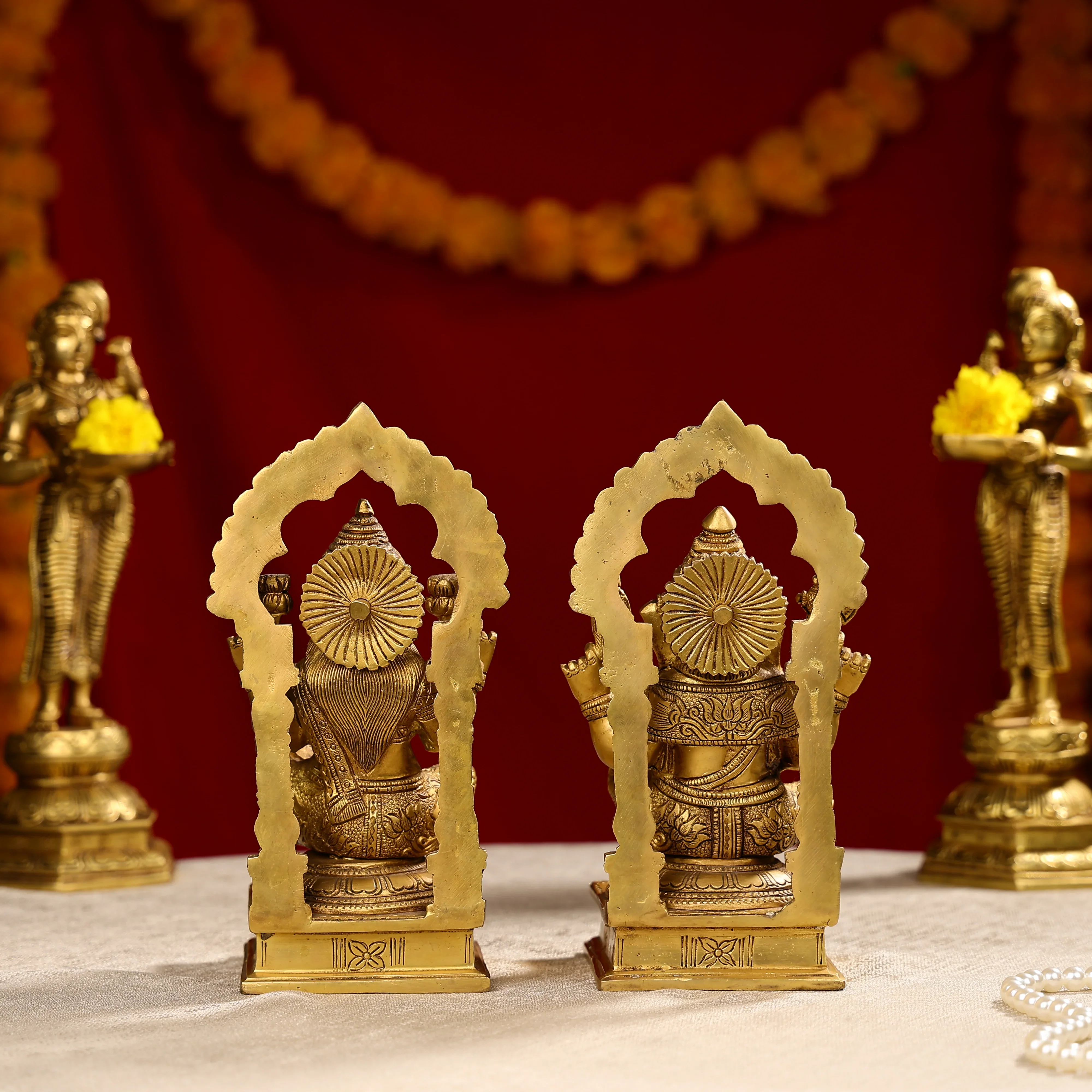9.25" Super Fine Brass Goddess Laxmi & Lord Ganesh Idols Seated On Throne - Image 3
