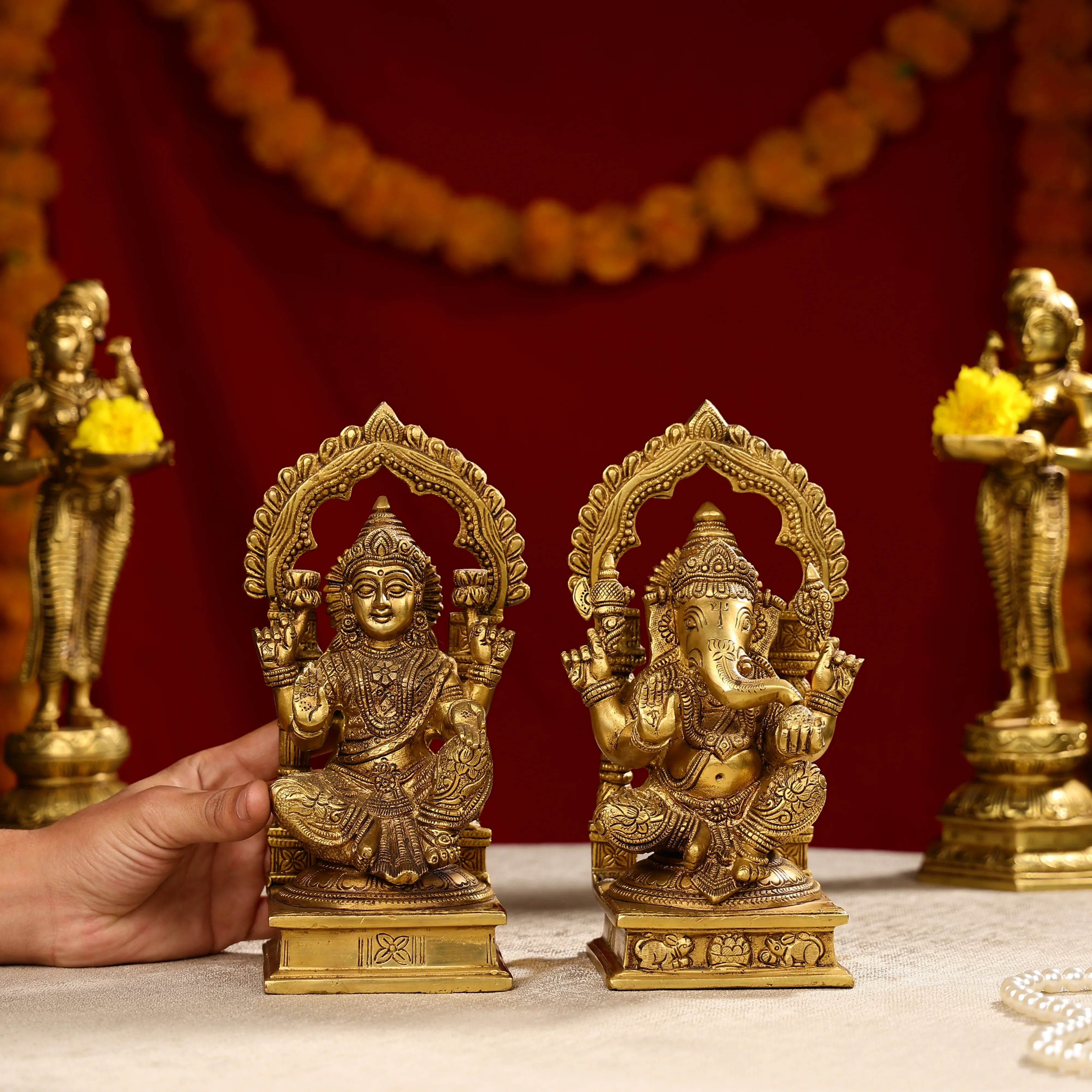 9.25" Super Fine Brass Goddess Laxmi & Lord Ganesh Idols Seated On Throne - Image 4