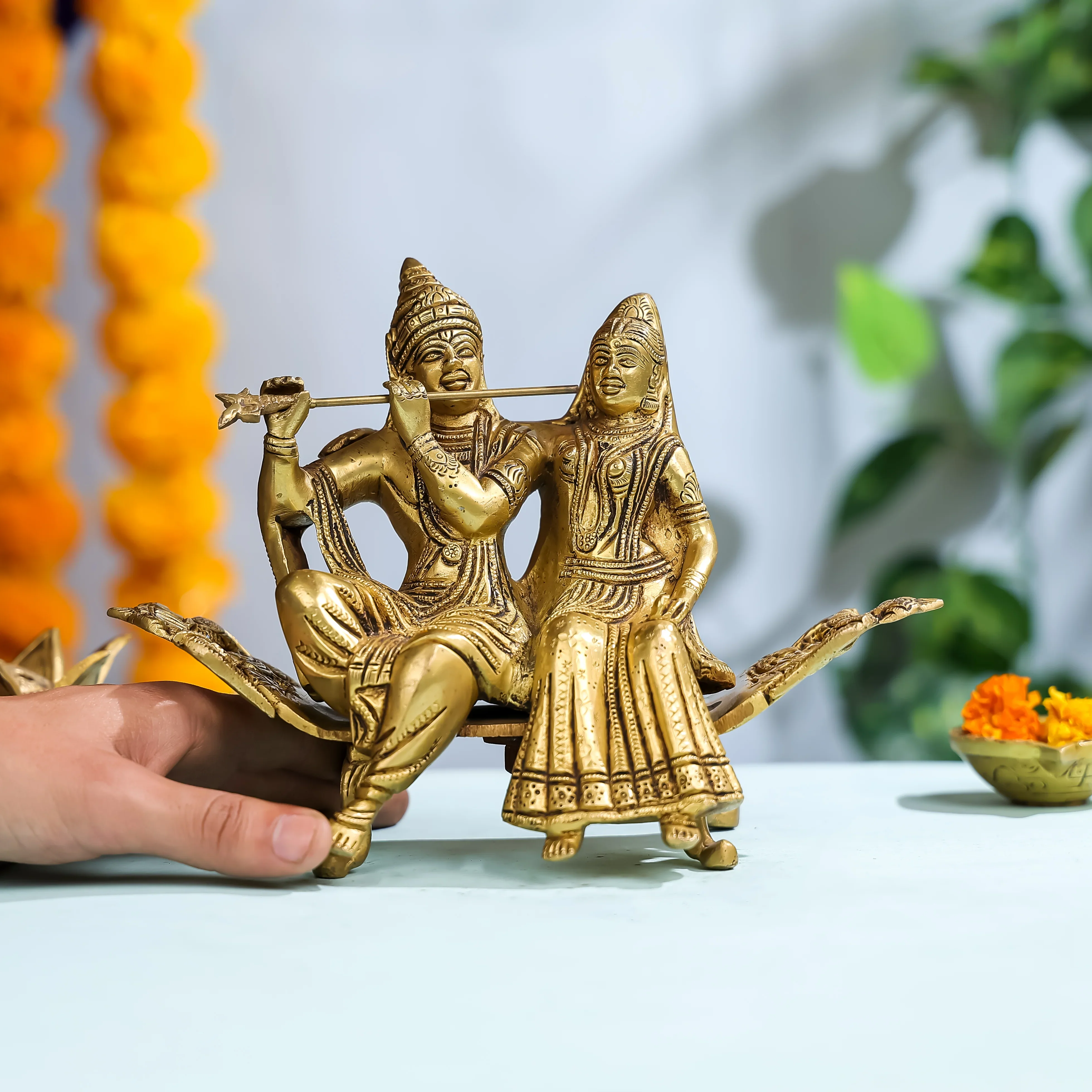 7" Brass Goddess Radha & Krishna Seated On Sofa - Image 3