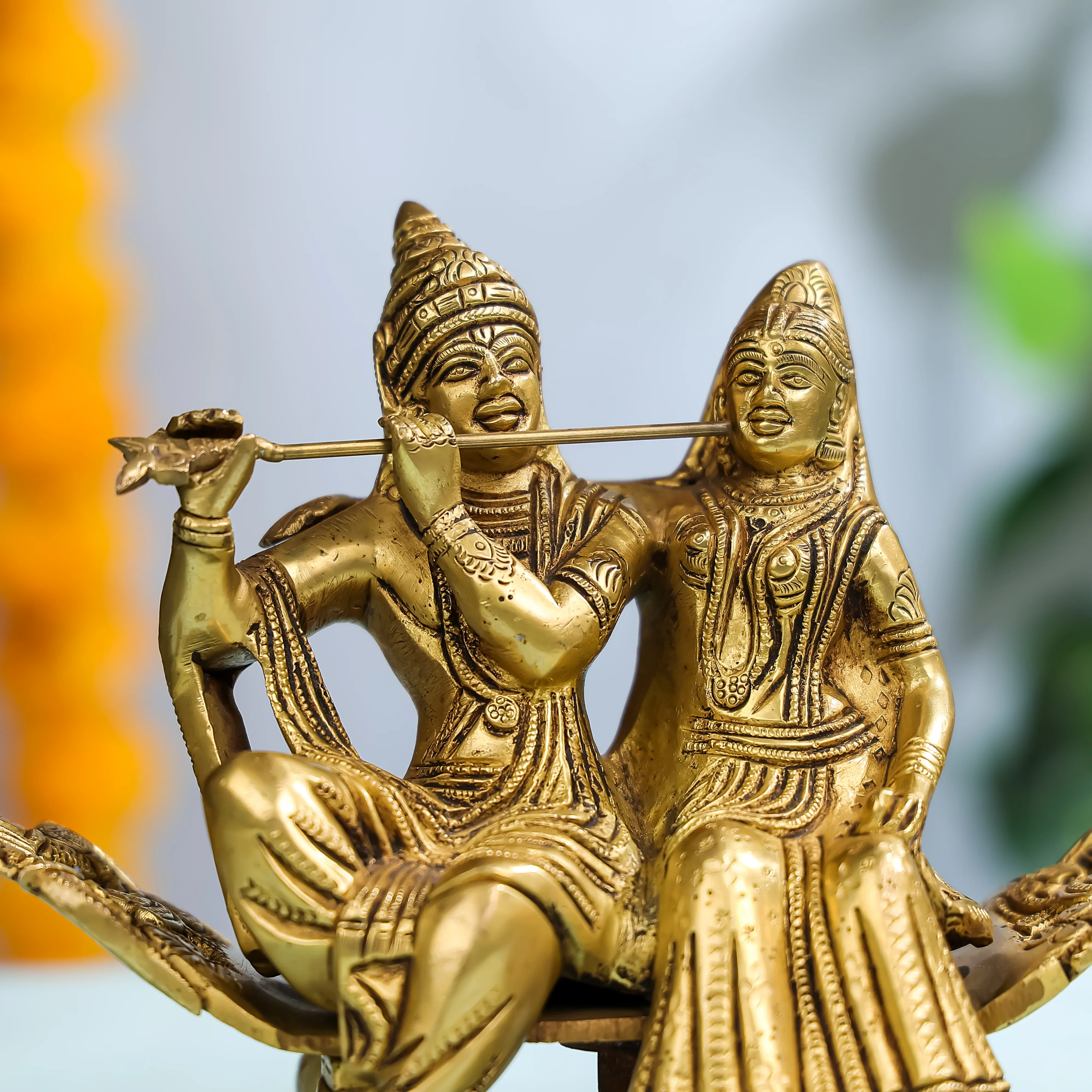 7" Brass Goddess Radha & Krishna Seated On Sofa - Image 4