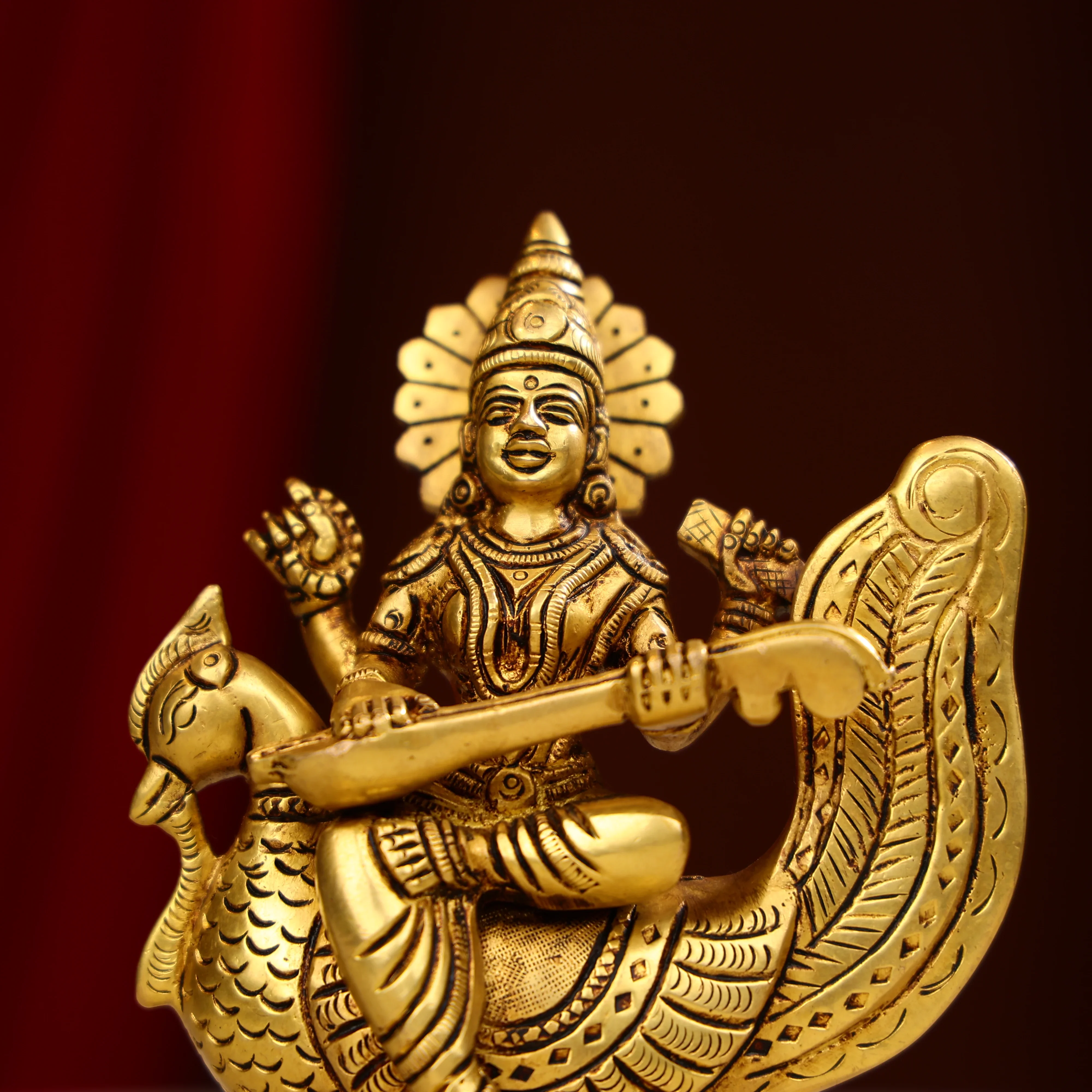 5.75" Superfine Brass Goddess Saraswati Seated on Swan - Image 7
