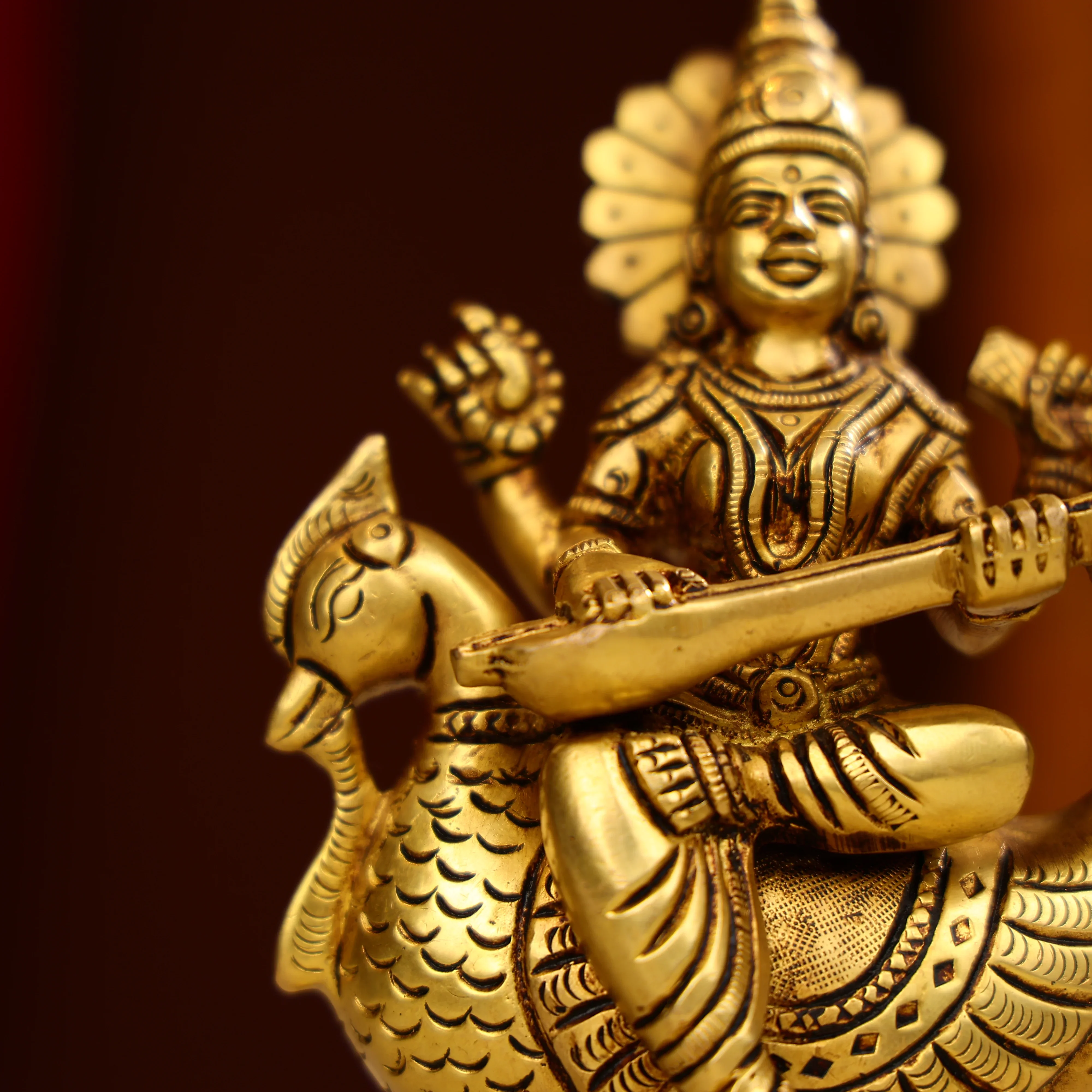 5.75" Superfine Brass Goddess Saraswati Seated on Swan - Image 9