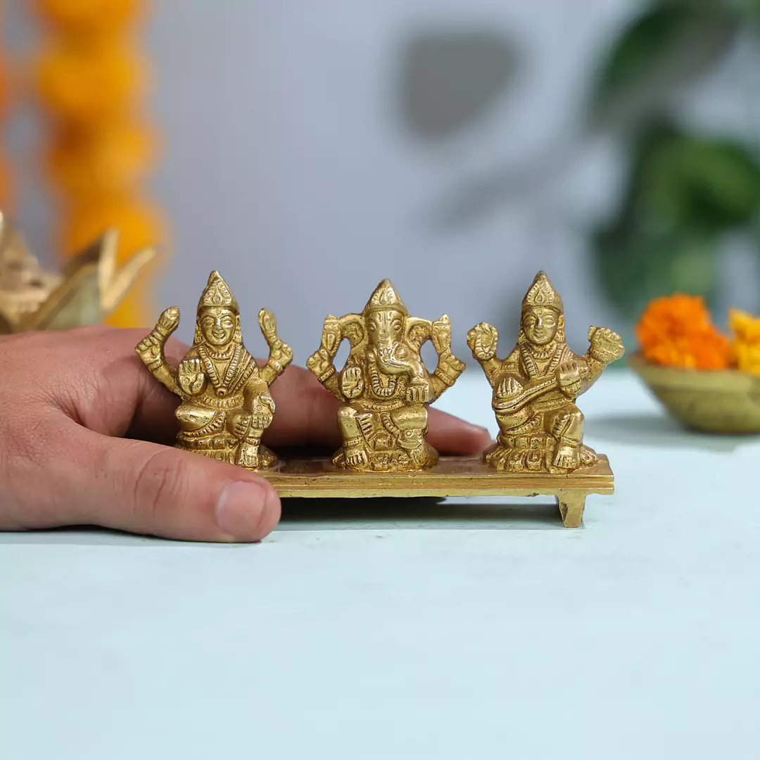 Brass Idol Of Goddess Lakshmi, Lord Ganesha And Goddess Saraswati - Image 3