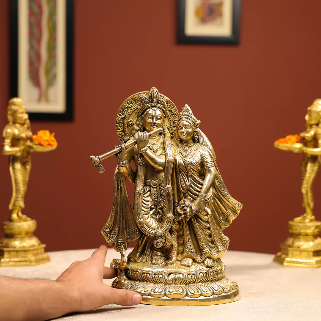 13" Brass Radha Krishna Idol With Peacock On Lotus Base - Image 4