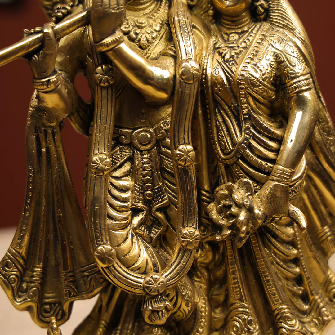 13" Brass Radha Krishna Idol With Peacock On Lotus Base - Image 5