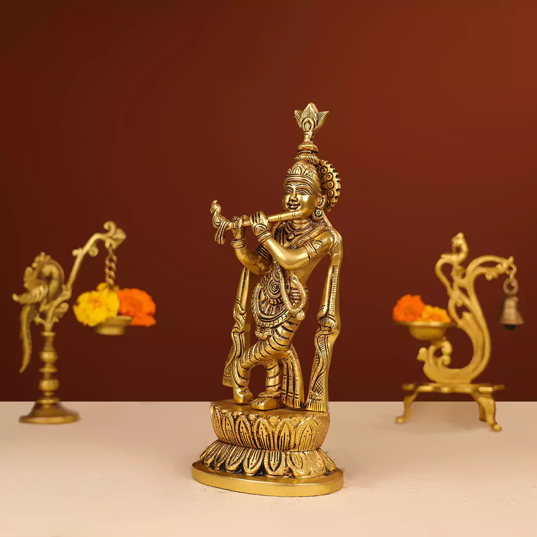 Brass Idol Of Lord Krishna On A Lotus Base - Image 2