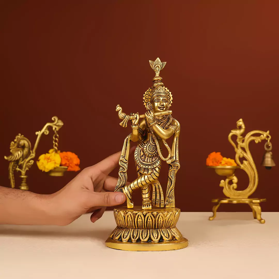 Brass Idol Of Lord Krishna On A Lotus Base - Image 3