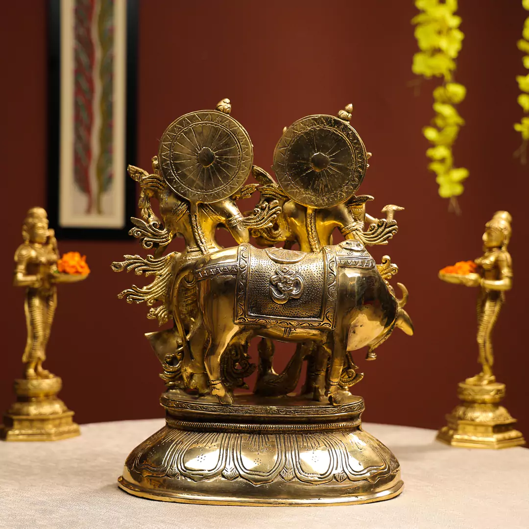 17" Brass Radha Krishna Idol With Peacock & Cow In Background On Lotus Base - Image 3
