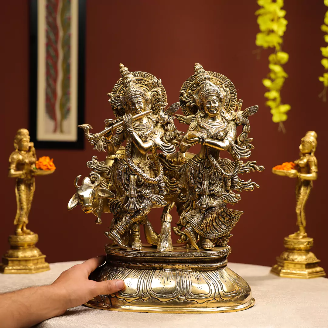 17" Brass Radha Krishna Idol With Peacock & Cow In Background On Lotus Base - Image 4