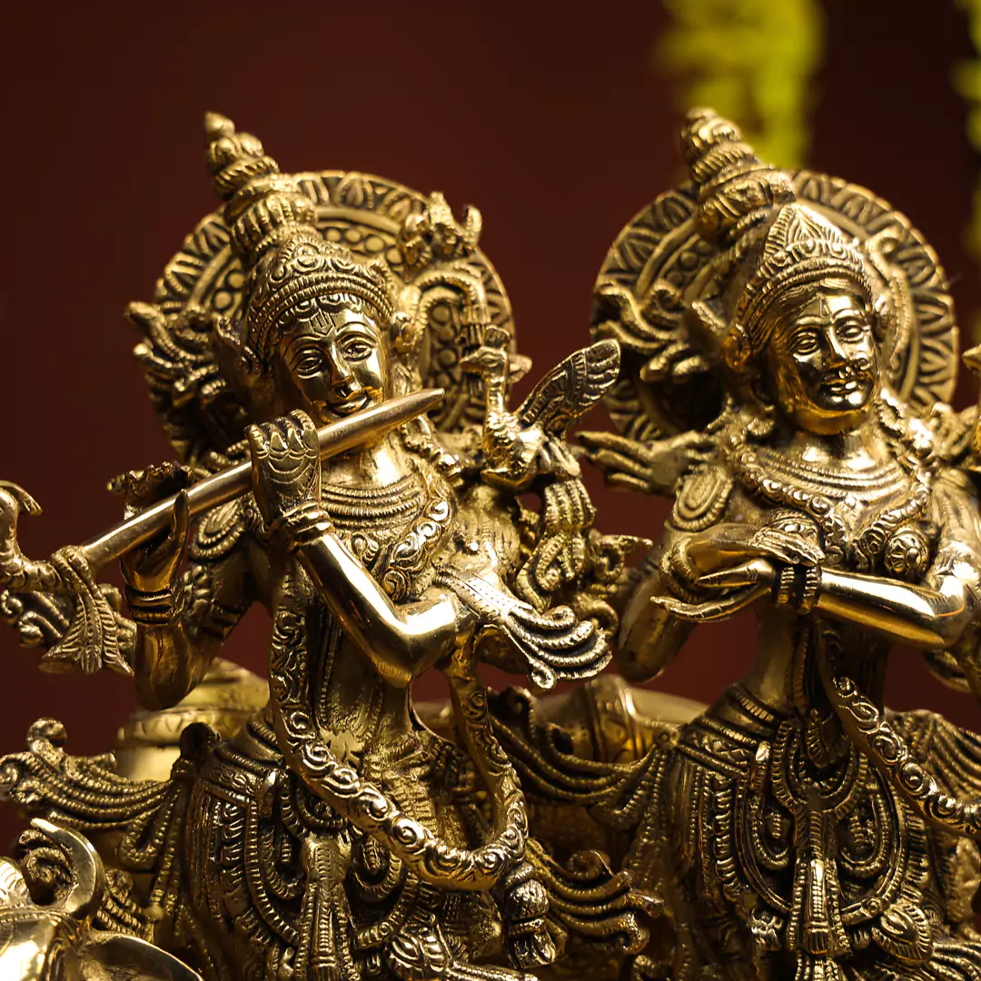 17" Brass Radha Krishna Idol With Peacock & Cow In Background On Lotus Base - Image 5
