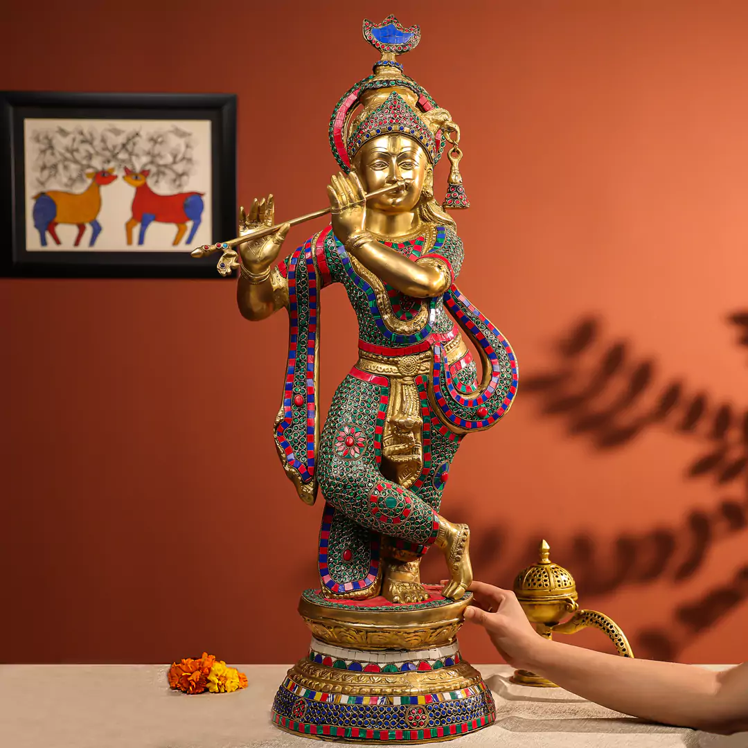 35" Brass Krishna Idol Fluting in Standing Pose on a Pedestal Stone Work - Large - Image 3