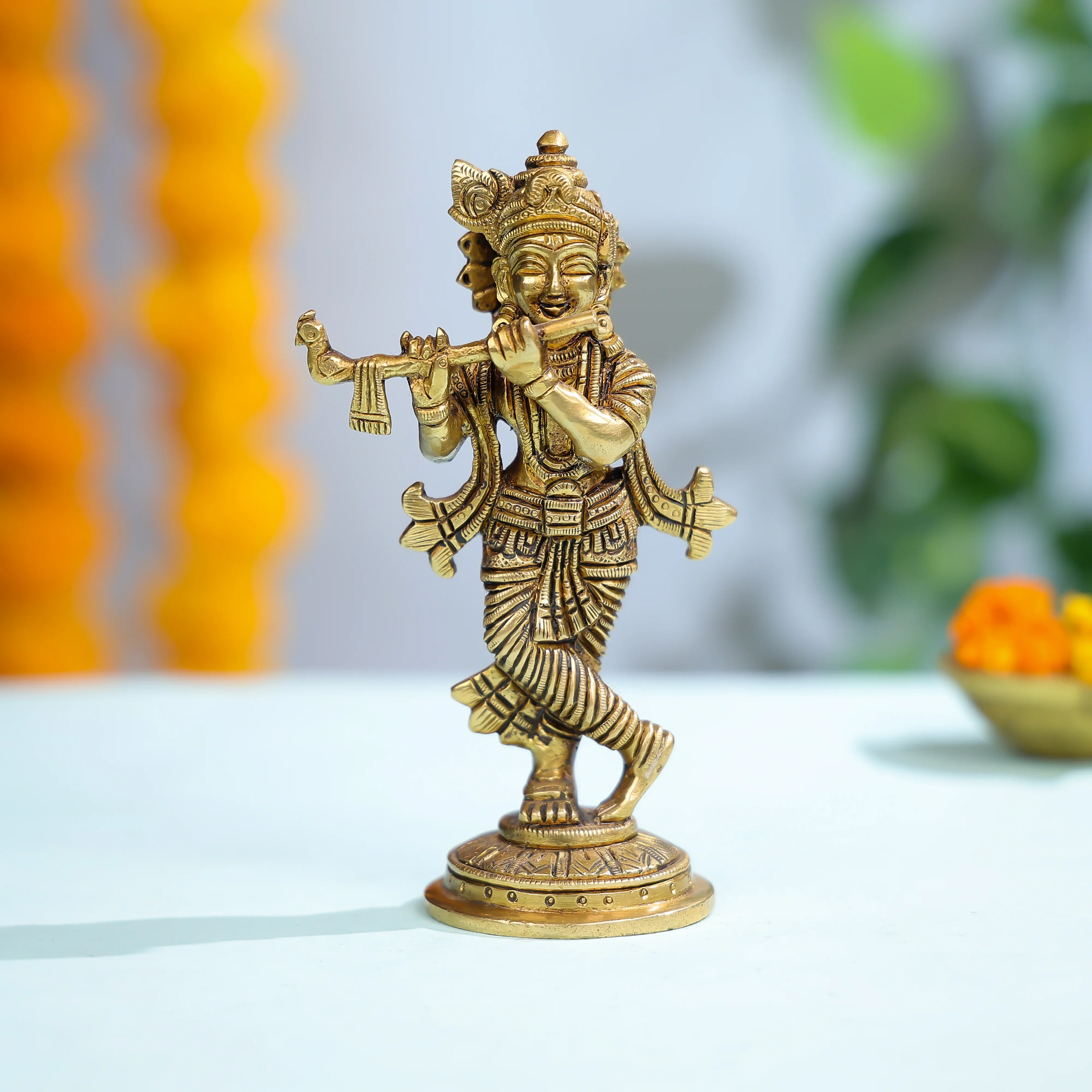 Brass Lord Krishna Statue With Flute For Sacred And Festive Decor