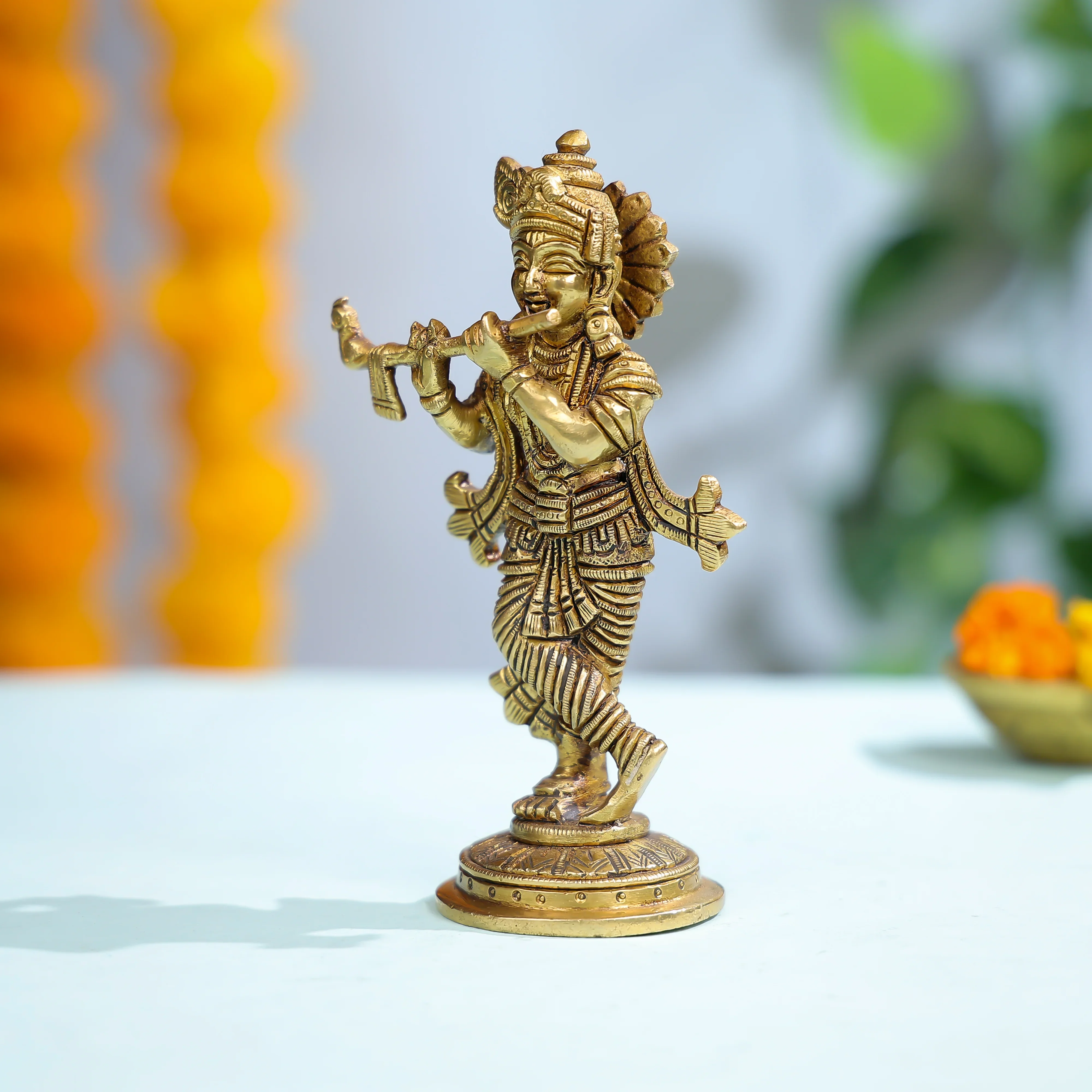 Brass Lord Krishna Statue With Flute For Sacred And Festive Decor - Image 2