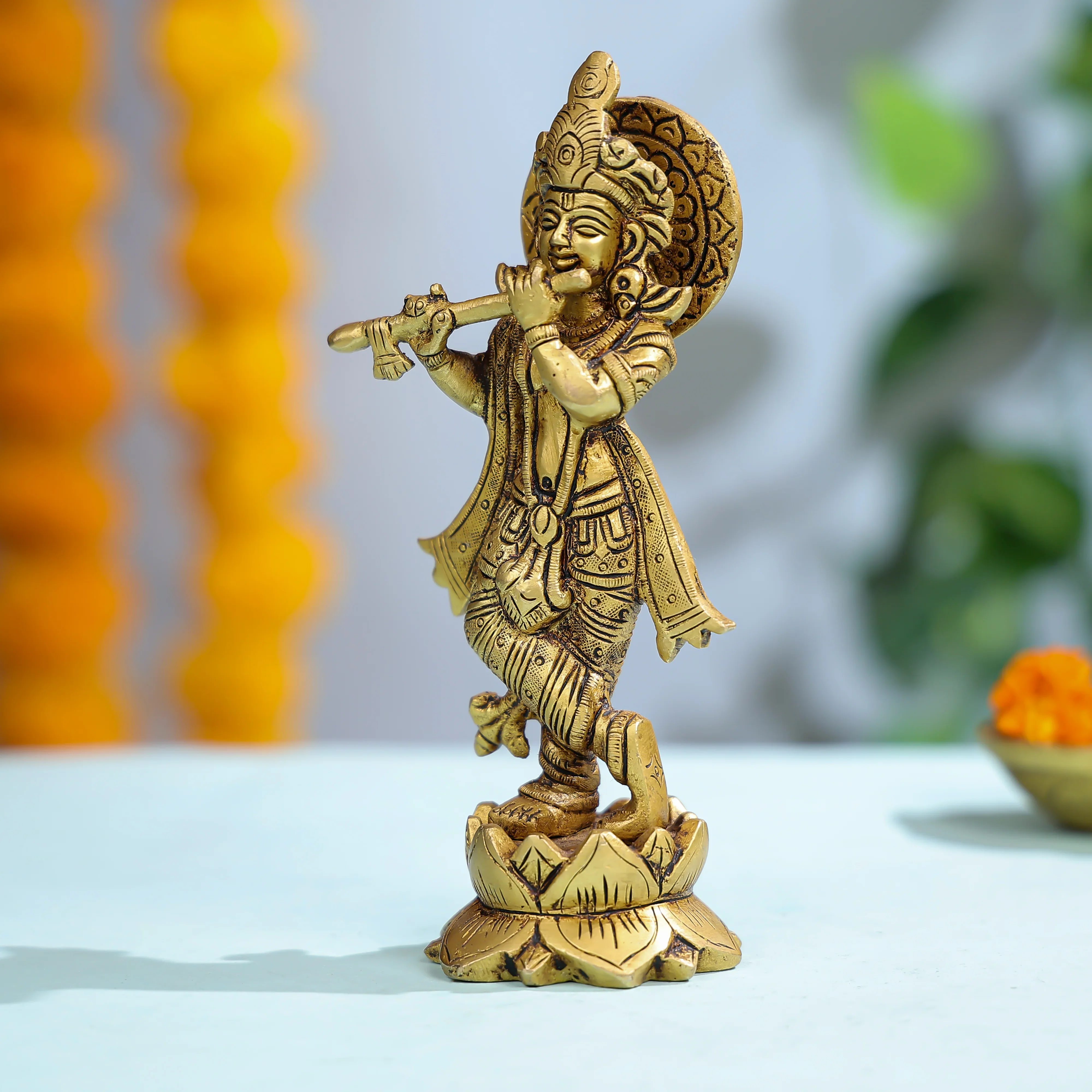 Brass Lord Krishna Playing Flute On Lotus Base - Image 2