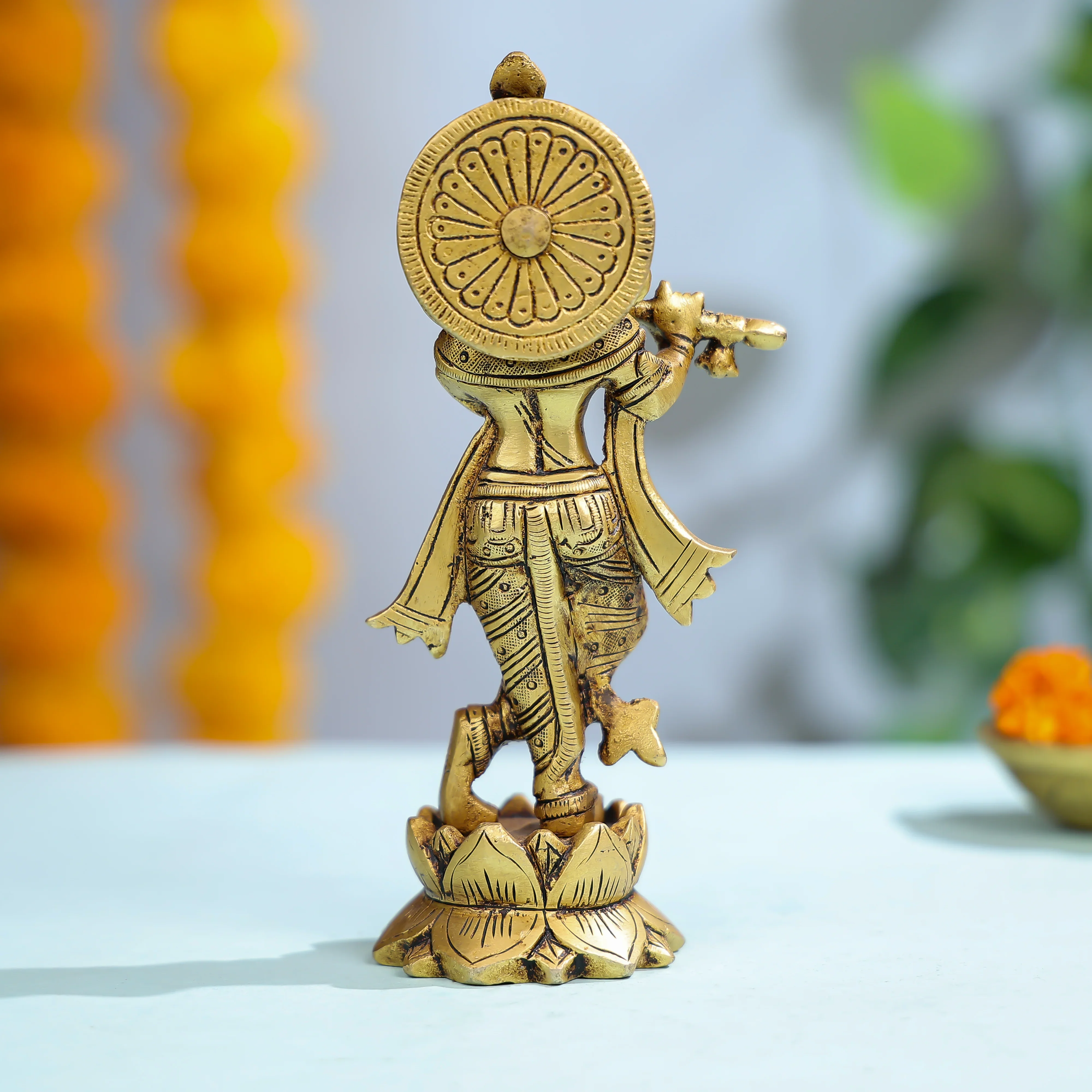 Brass Lord Krishna Playing Flute On Lotus Base - Image 4