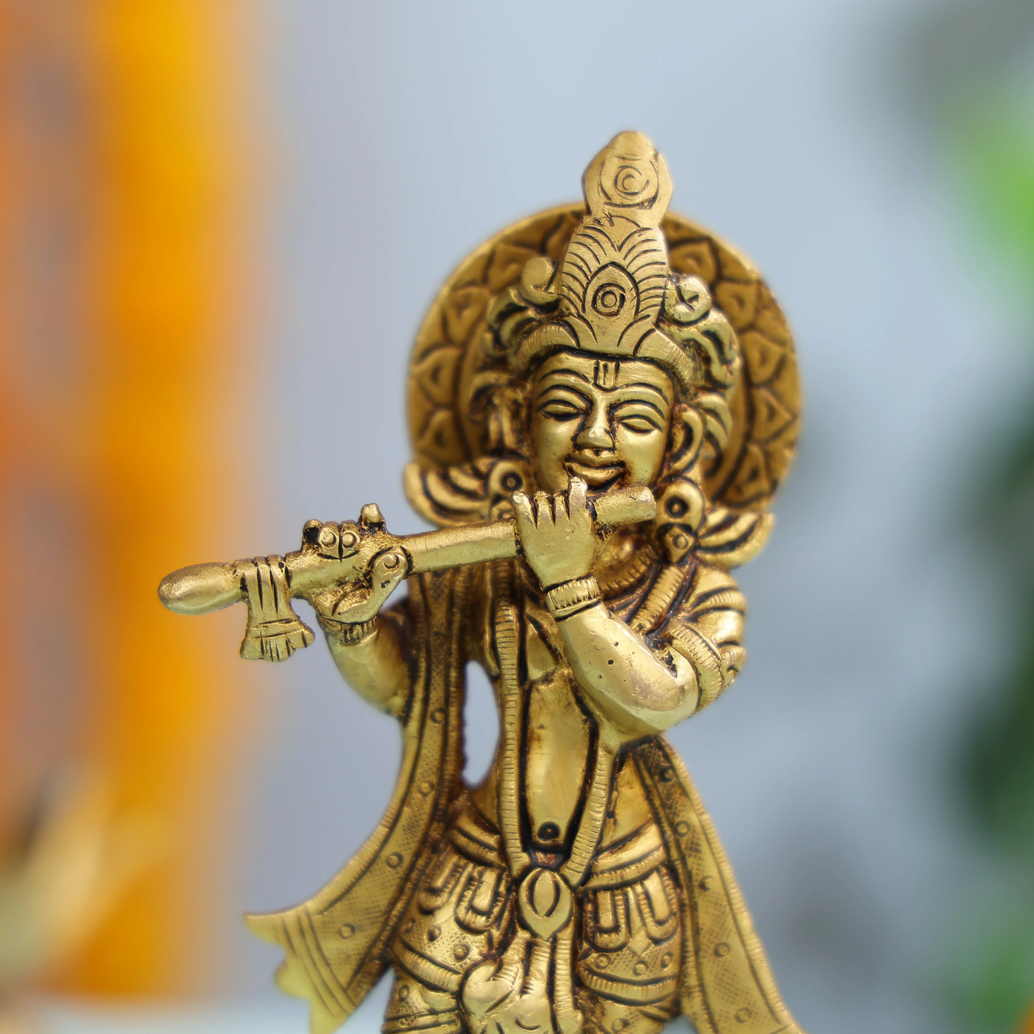 Brass Lord Krishna Playing Flute On Lotus Base - Image 6
