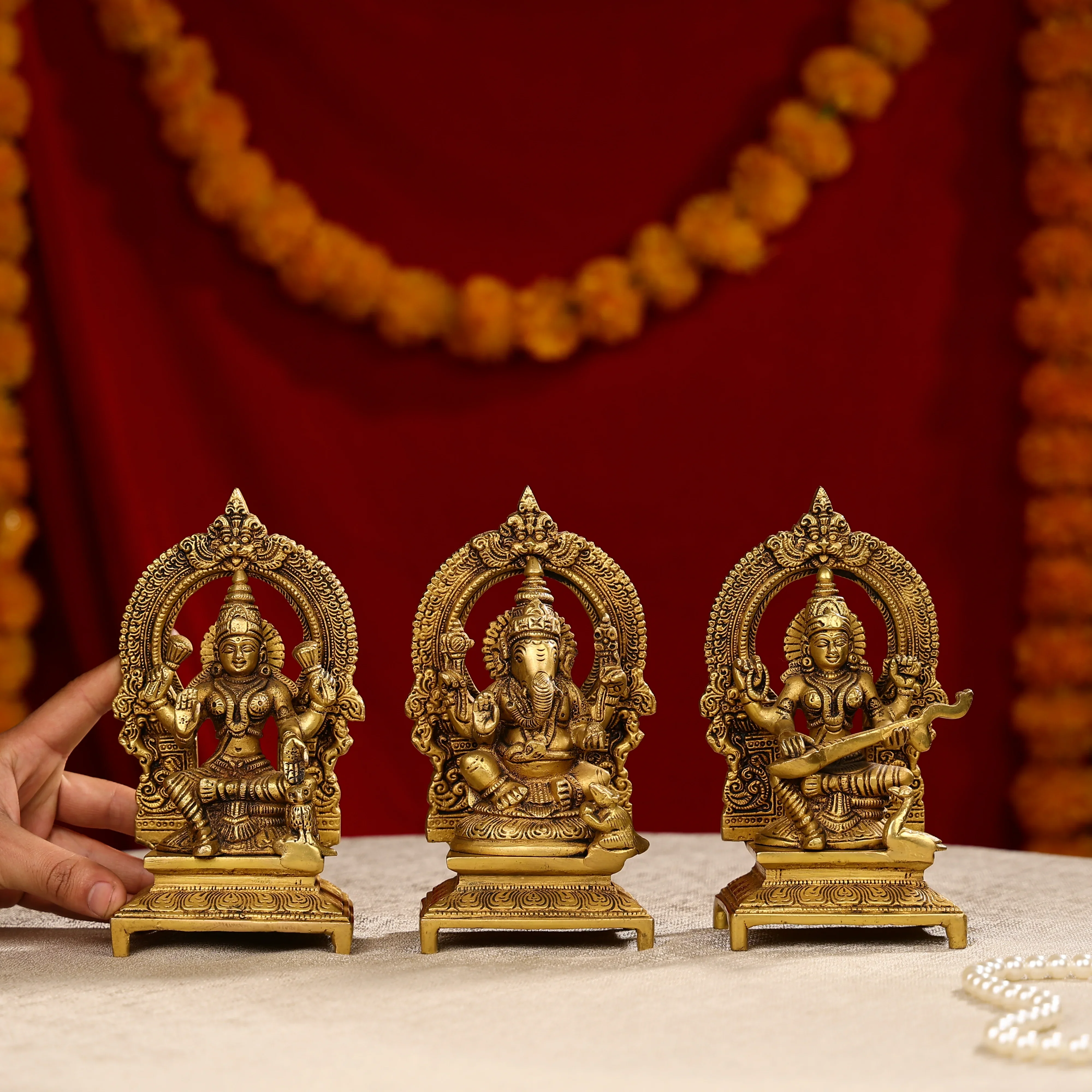 7.5" Brass Lakshmi, Ganesha, And Saraswati Trio Idols Seated On Throne - Image 4