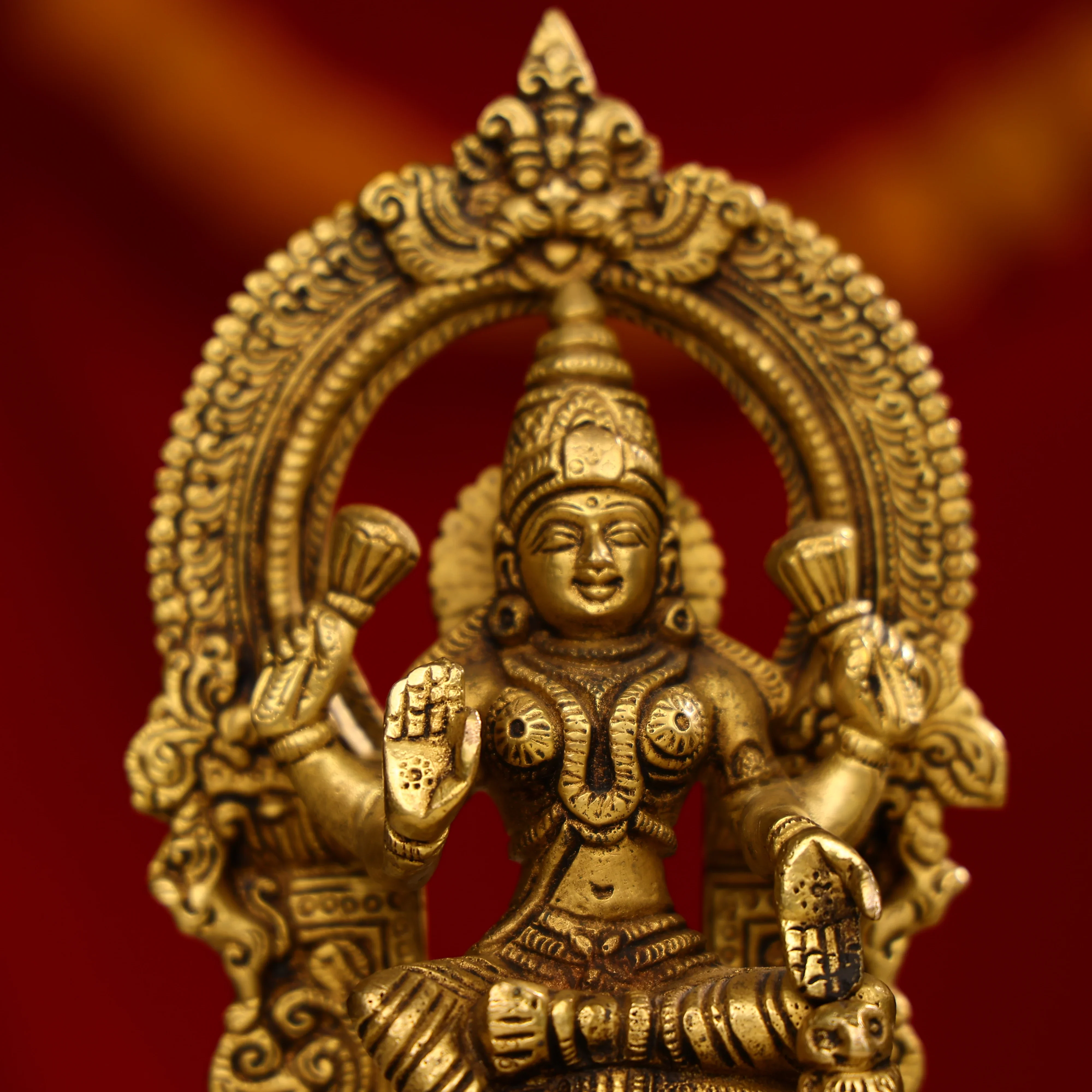7.5" Brass Lakshmi, Ganesha, And Saraswati Trio Idols Seated On Throne - Image 7