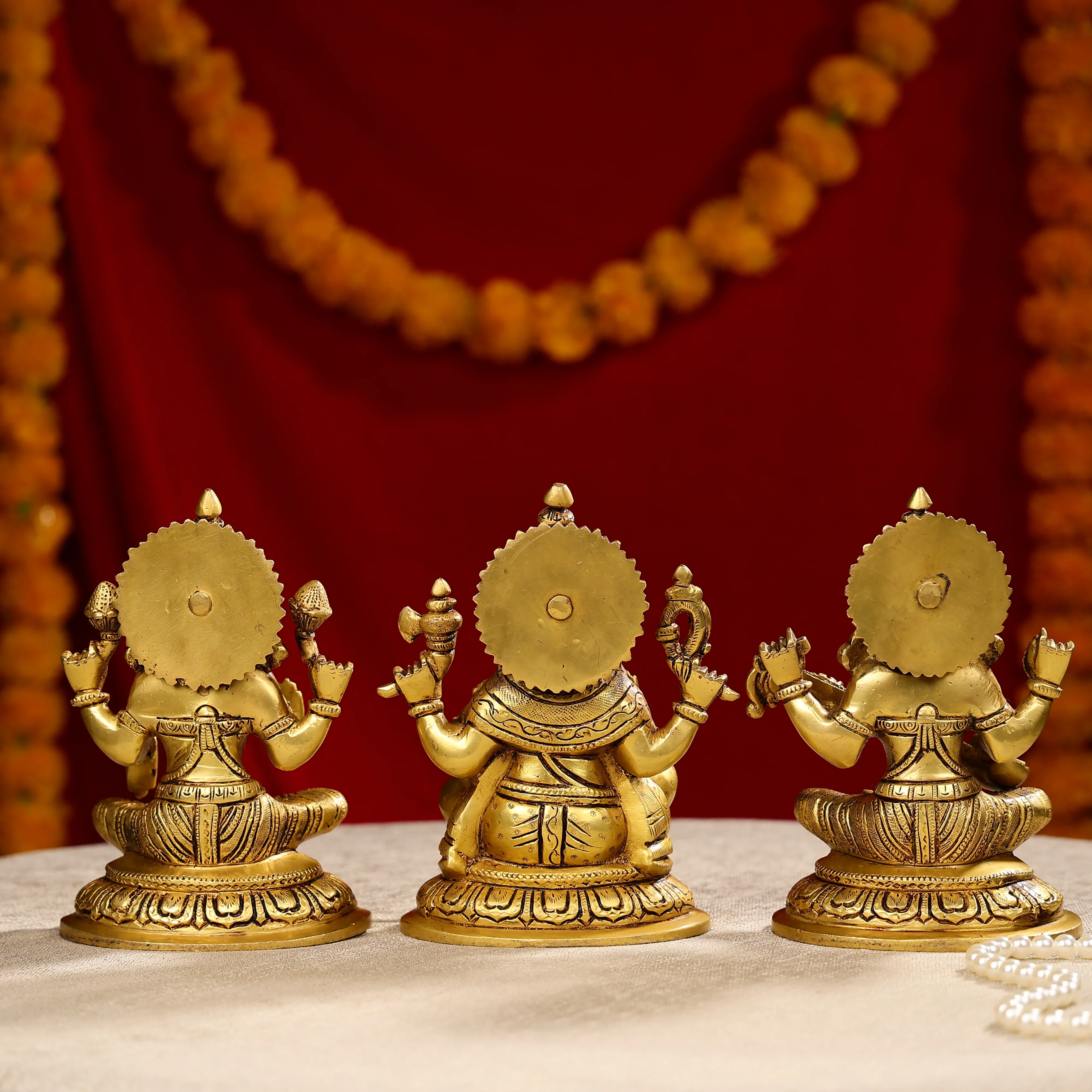 8" Super Fine Brass Laxmi, Ganesha & Saraswati Trio Idols Seated On Oval Base - Image 3