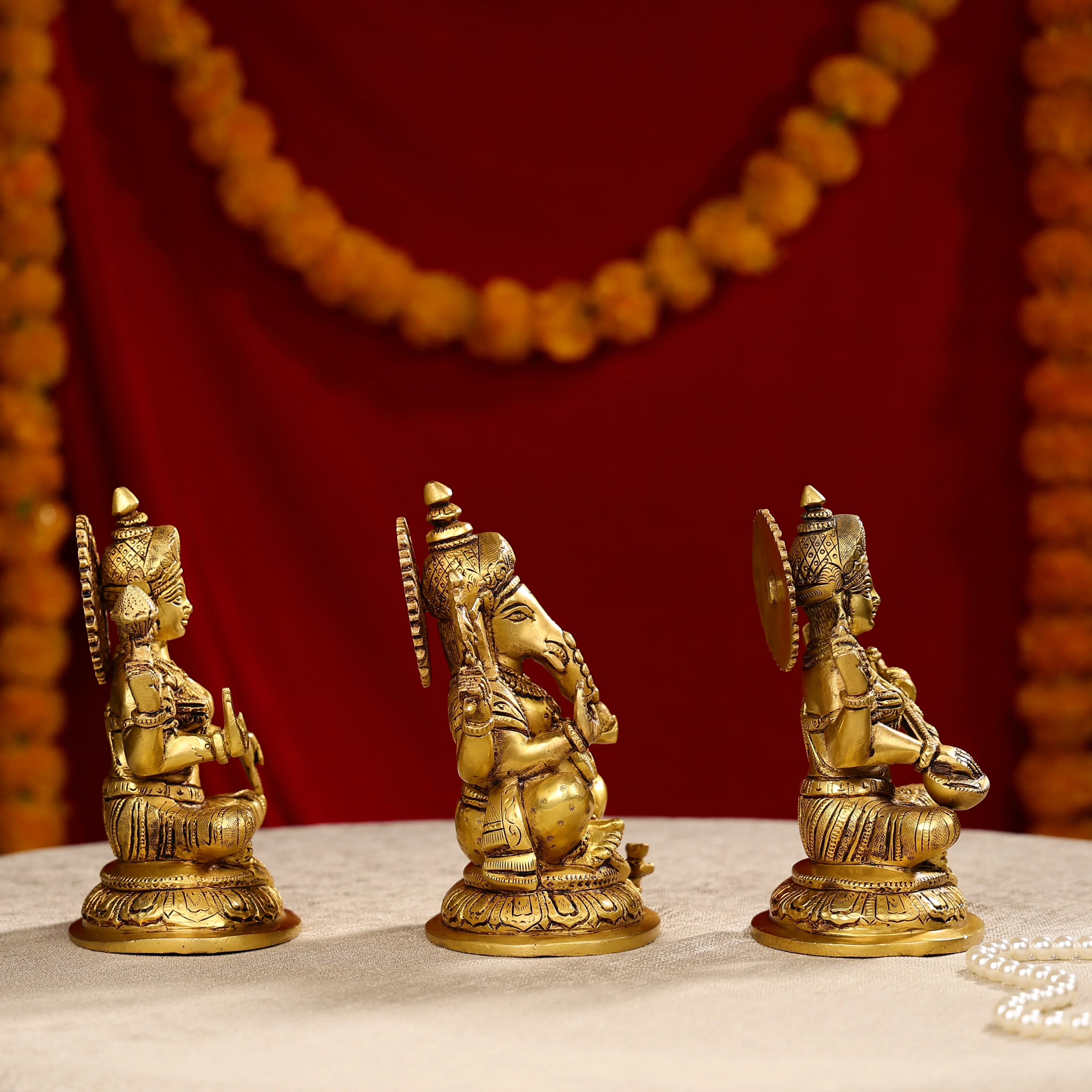 8" Super Fine Brass Laxmi, Ganesha & Saraswati Trio Idols Seated On Oval Base - Image 4