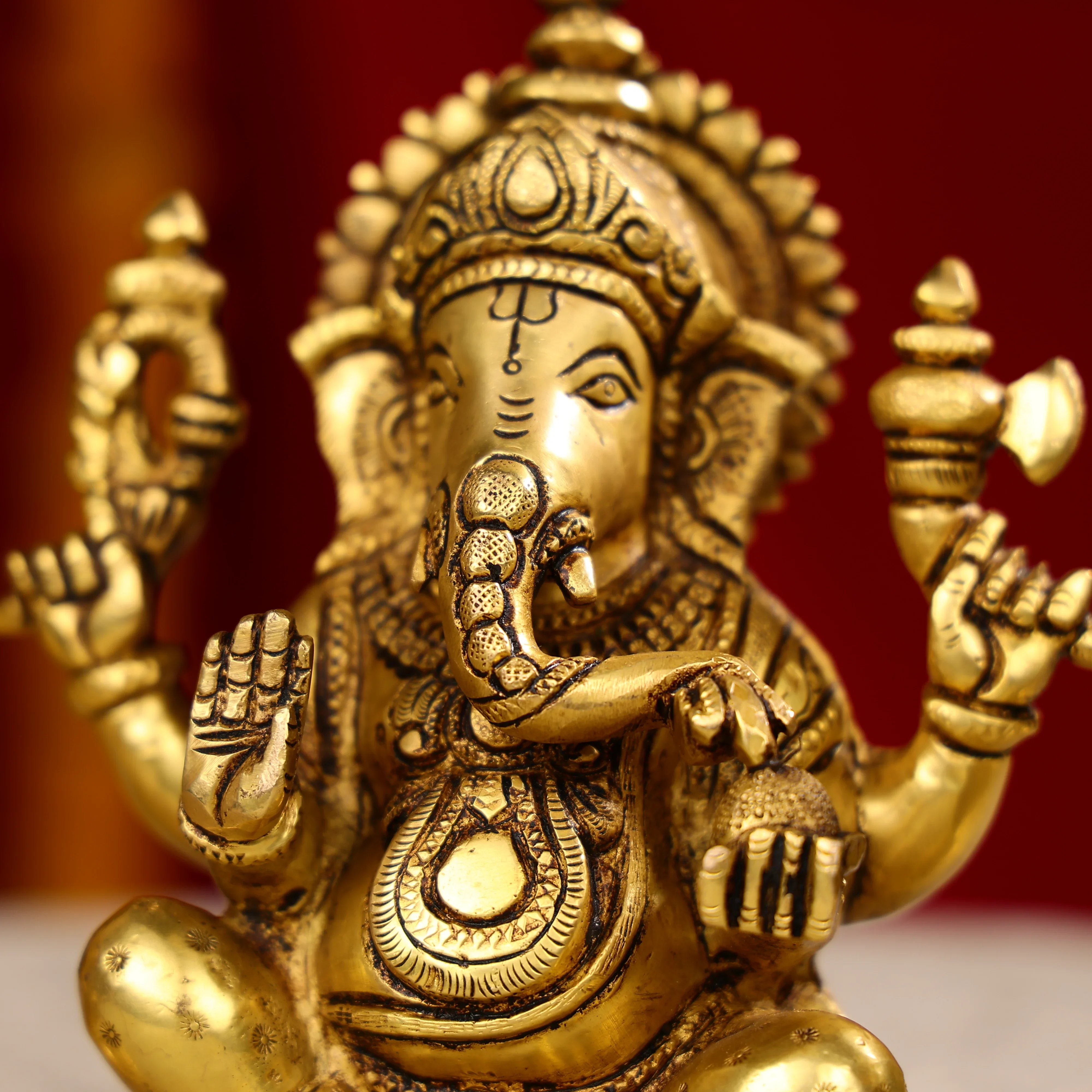 8" Super Fine Brass Laxmi, Ganesha & Saraswati Trio Idols Seated On Oval Base - Image 6