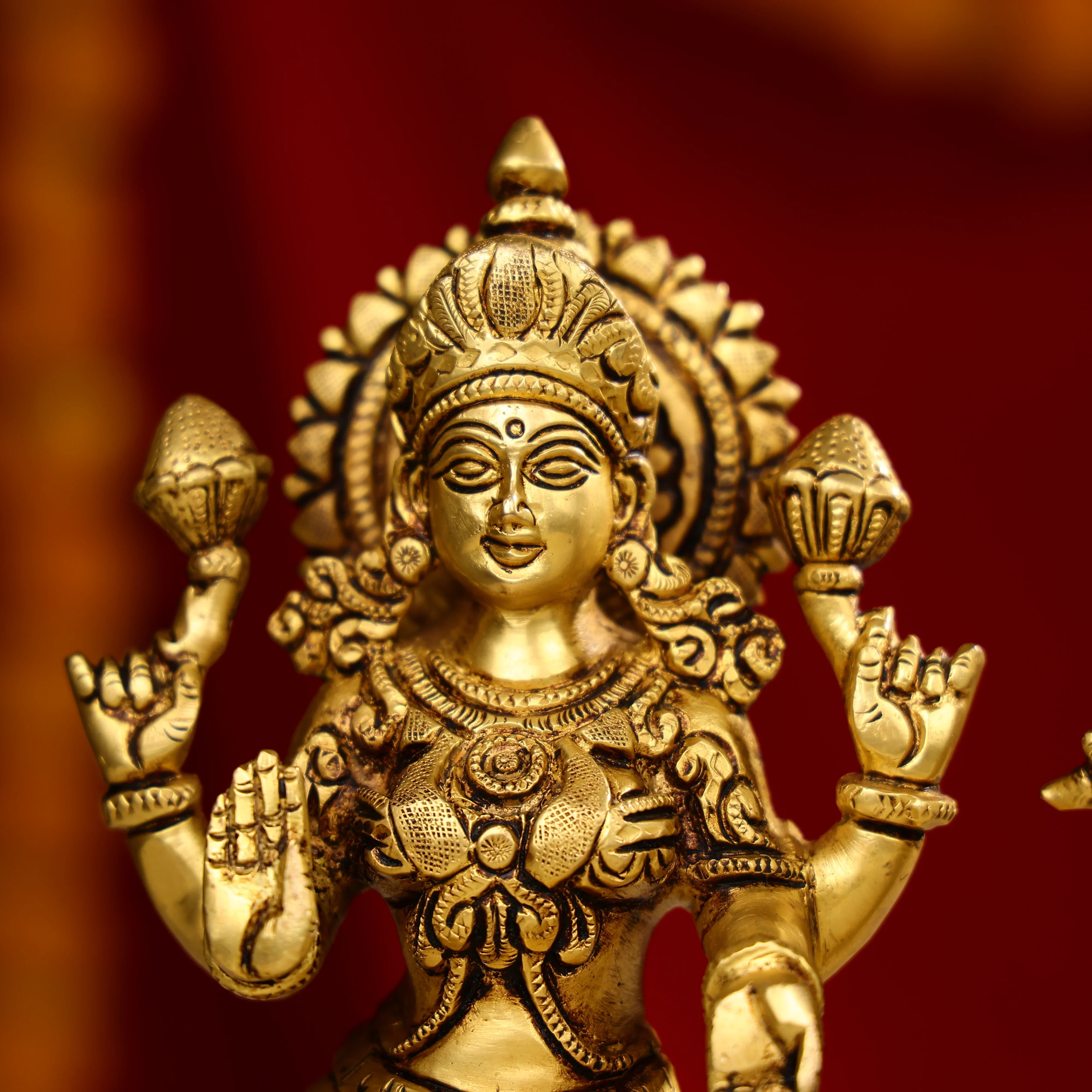 8" Super Fine Brass Laxmi, Ganesha & Saraswati Trio Idols Seated On Oval Base - Image 8