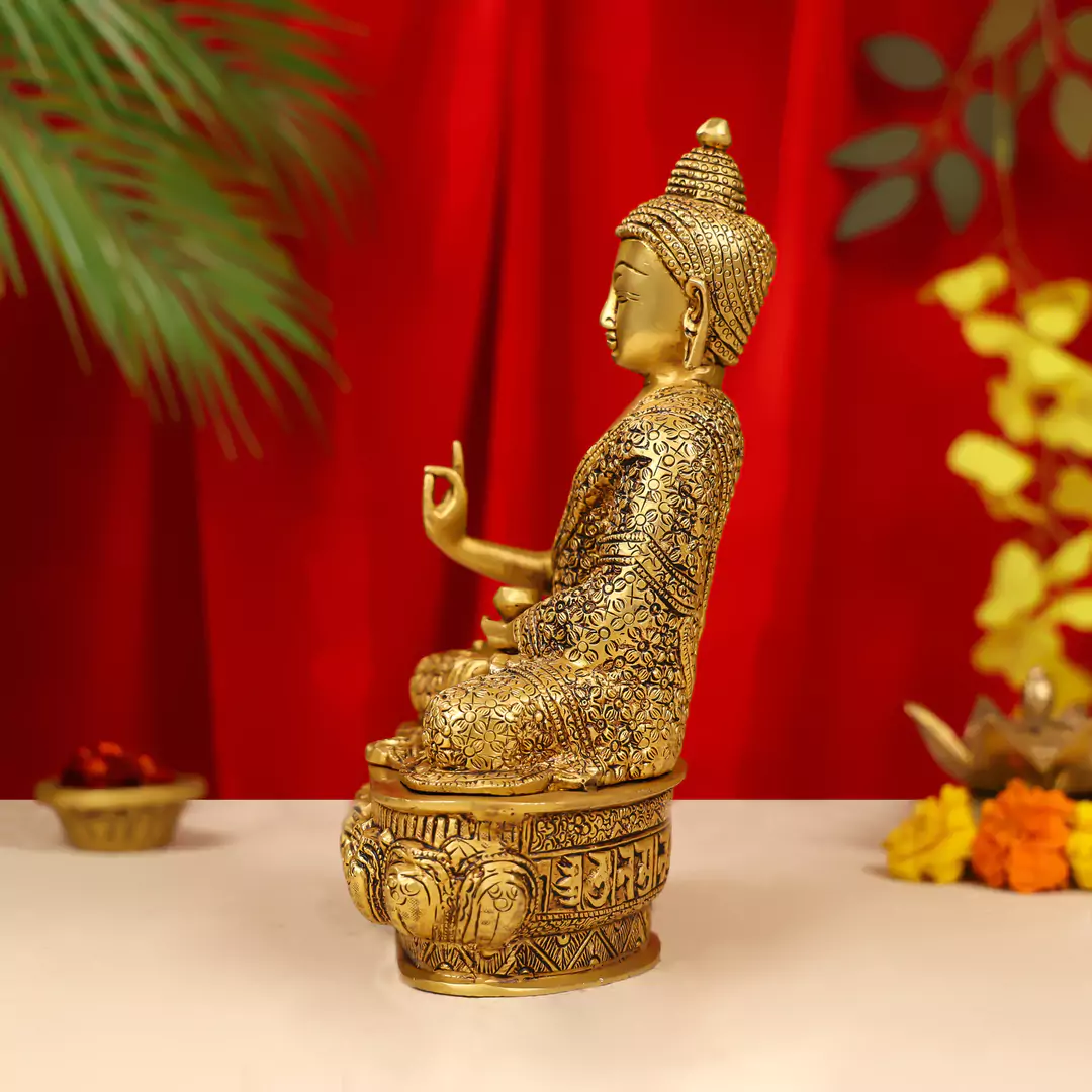 10" Brass Lord Buddha Idol Sitting On Lotus Base - Image 4