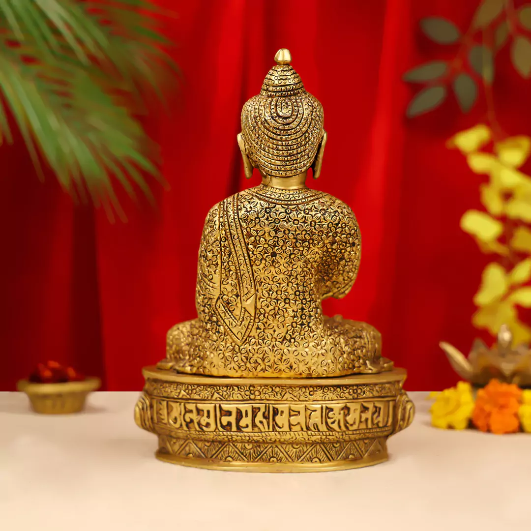 10" Brass Lord Buddha Idol Sitting On Lotus Base - Image 5