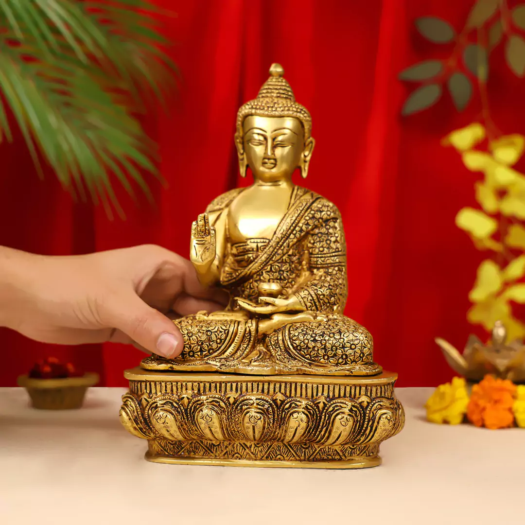 10" Brass Lord Buddha Idol Sitting On Lotus Base - Image 6