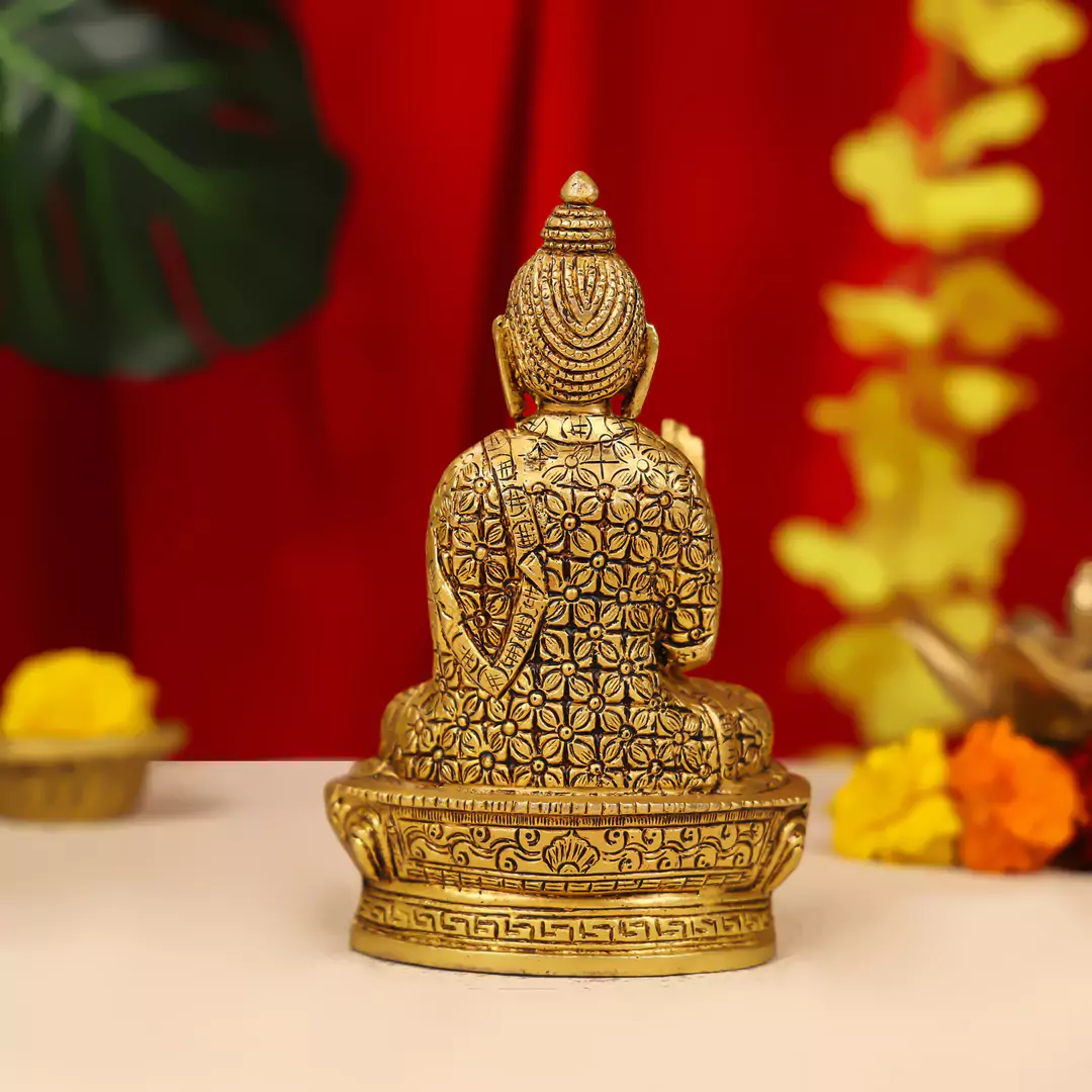 8" Brass Lord Buddha Idol Sitting On Lotus Base - Image 5