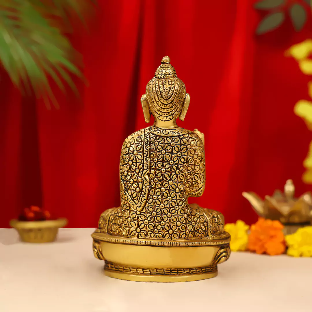 7" Brass Lord Buddha Idol Sitting On Lotus Base - Image 5