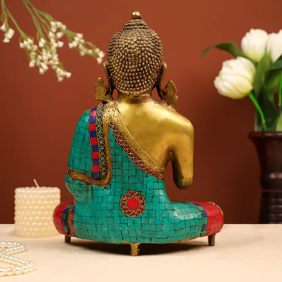 13" Brass Lord Buddha Seated in Vitarka Mudra Idol with Stone Work - Image 3