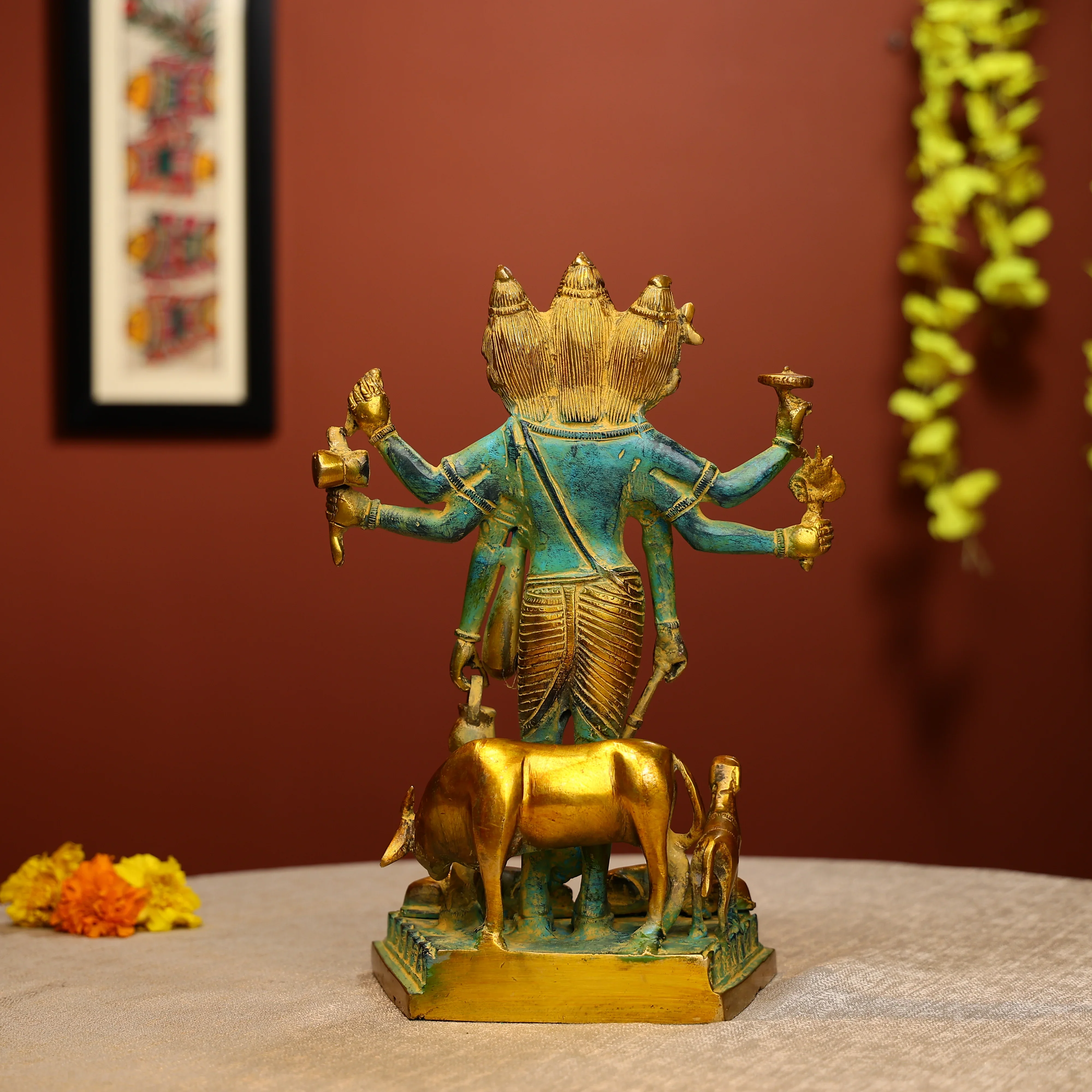 12" Colored Antique FInished Brass Lord Dattatreya Idol - Image 3