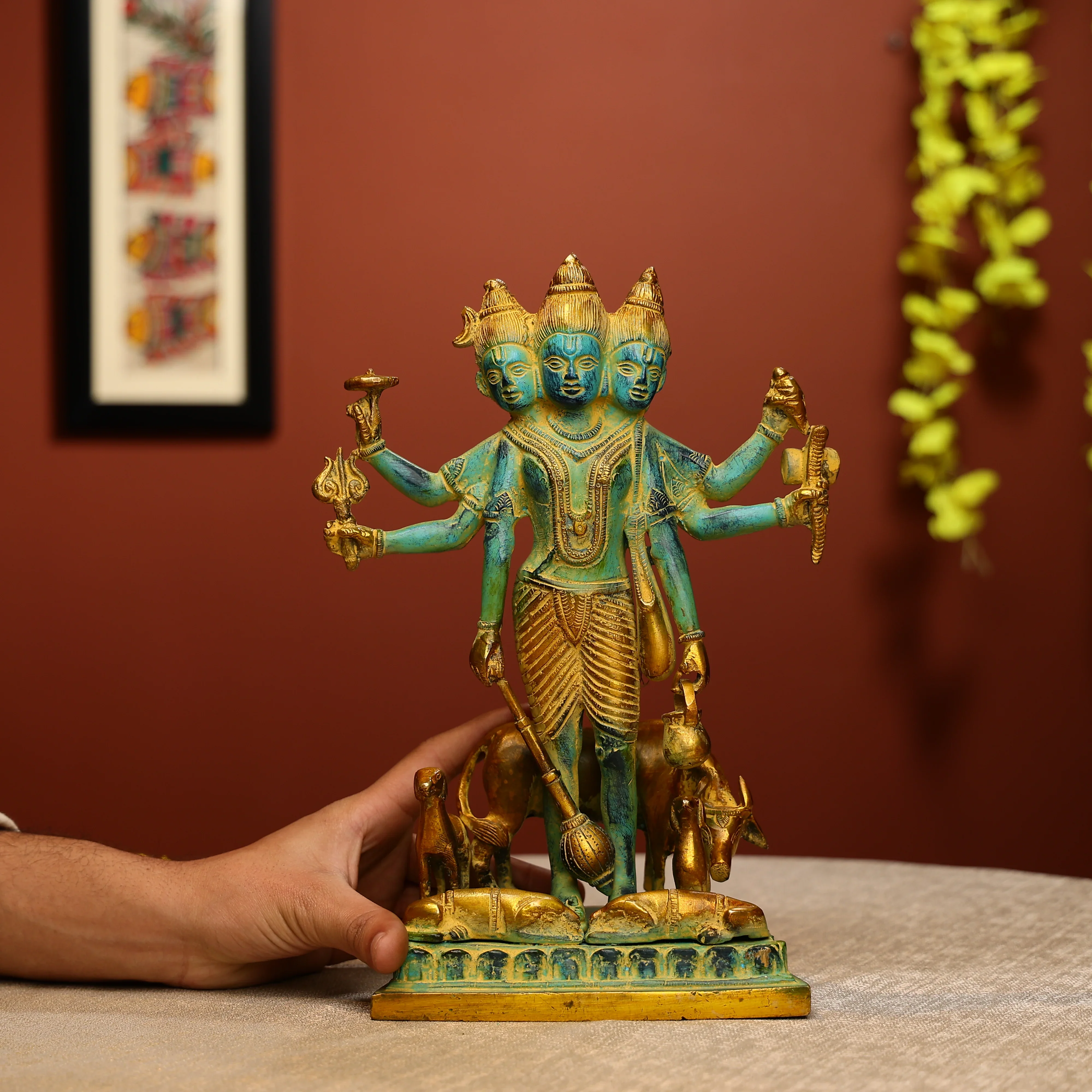 12" Colored Antique FInished Brass Lord Dattatreya Idol - Image 4