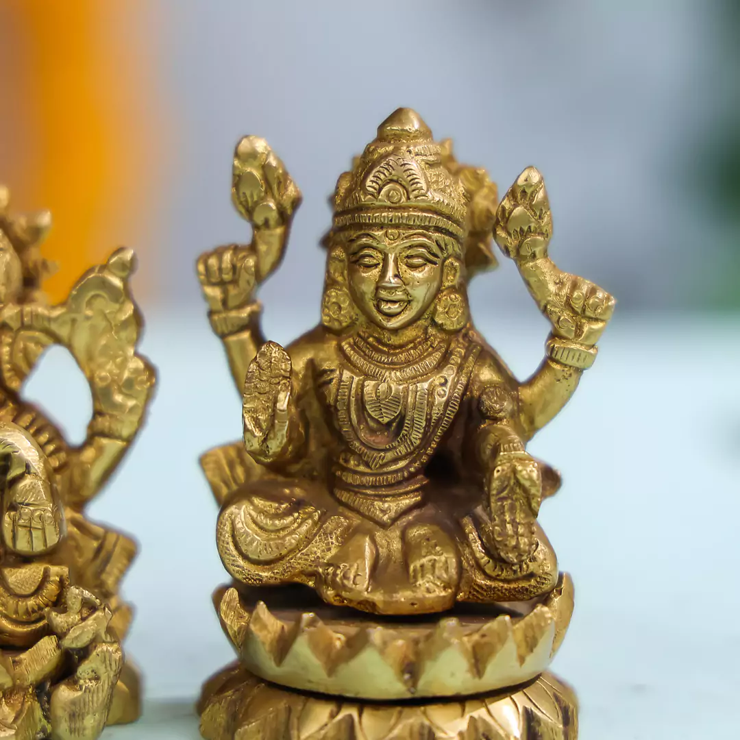 3.5" Brass Lord Ganesha & Laxmi Idol Pair Seated On Lotus Flower - Image 5