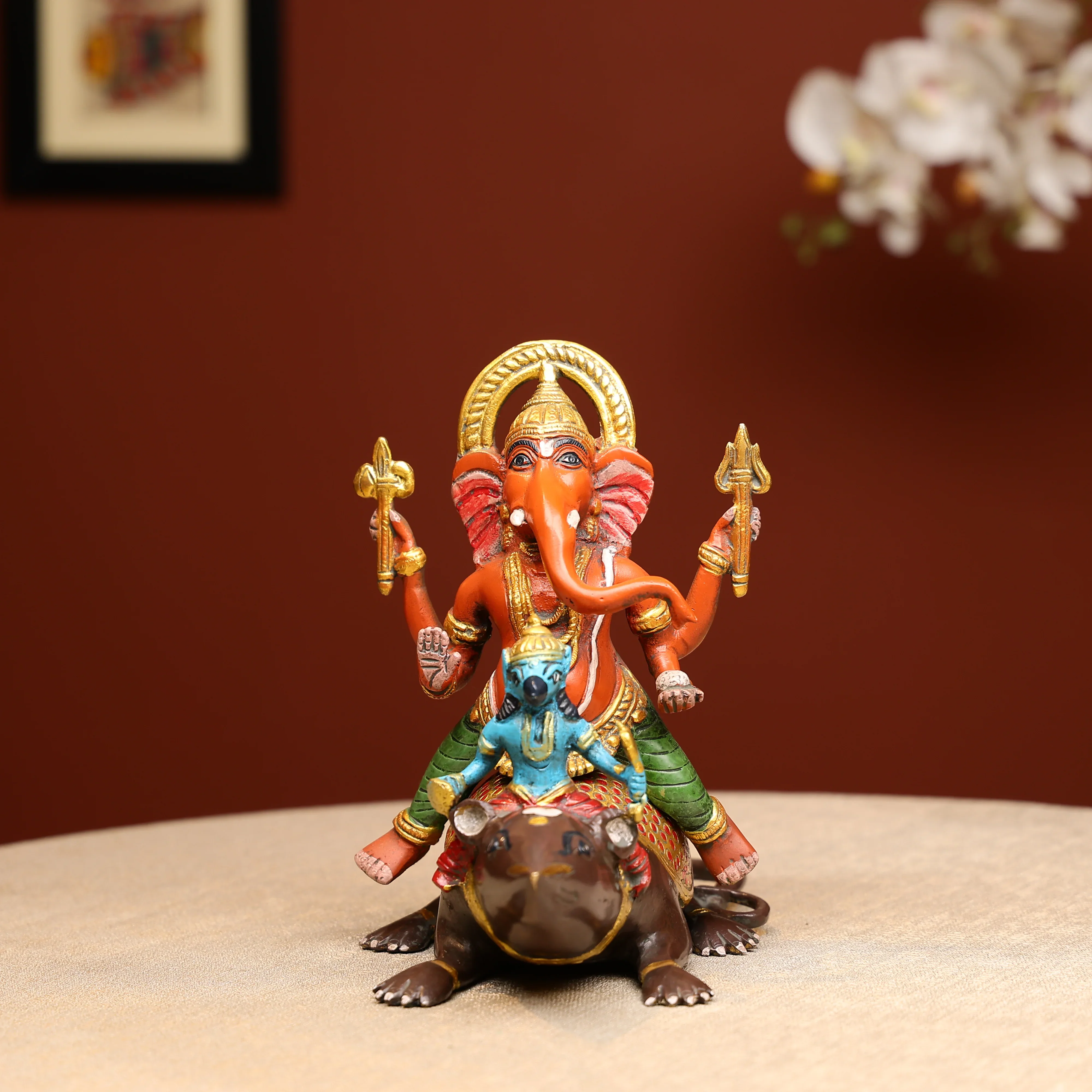 Coloured Brass Lord Ganesha Statue Seated On Mouse