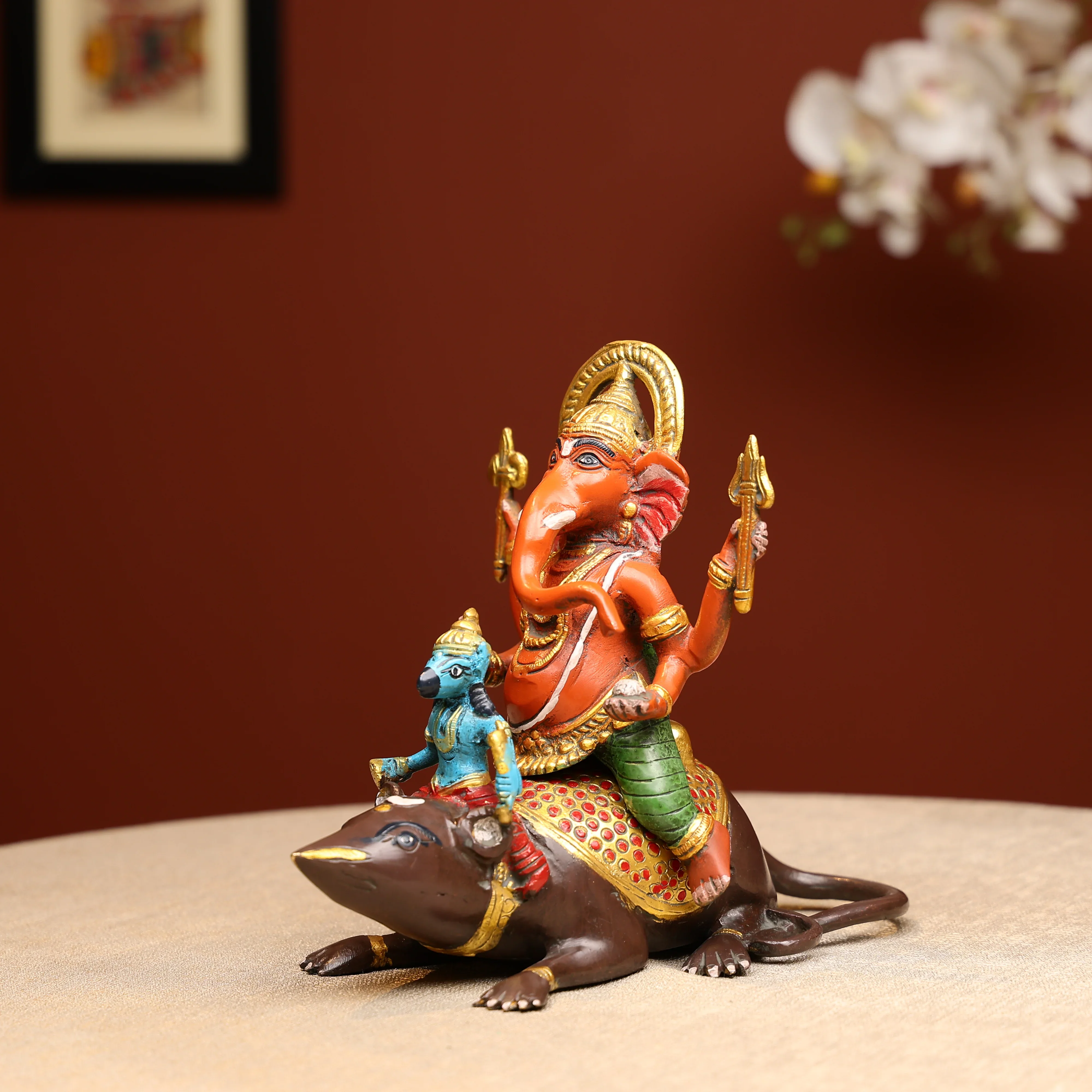 Coloured Brass Lord Ganesha Statue Seated On Mouse - Image 2
