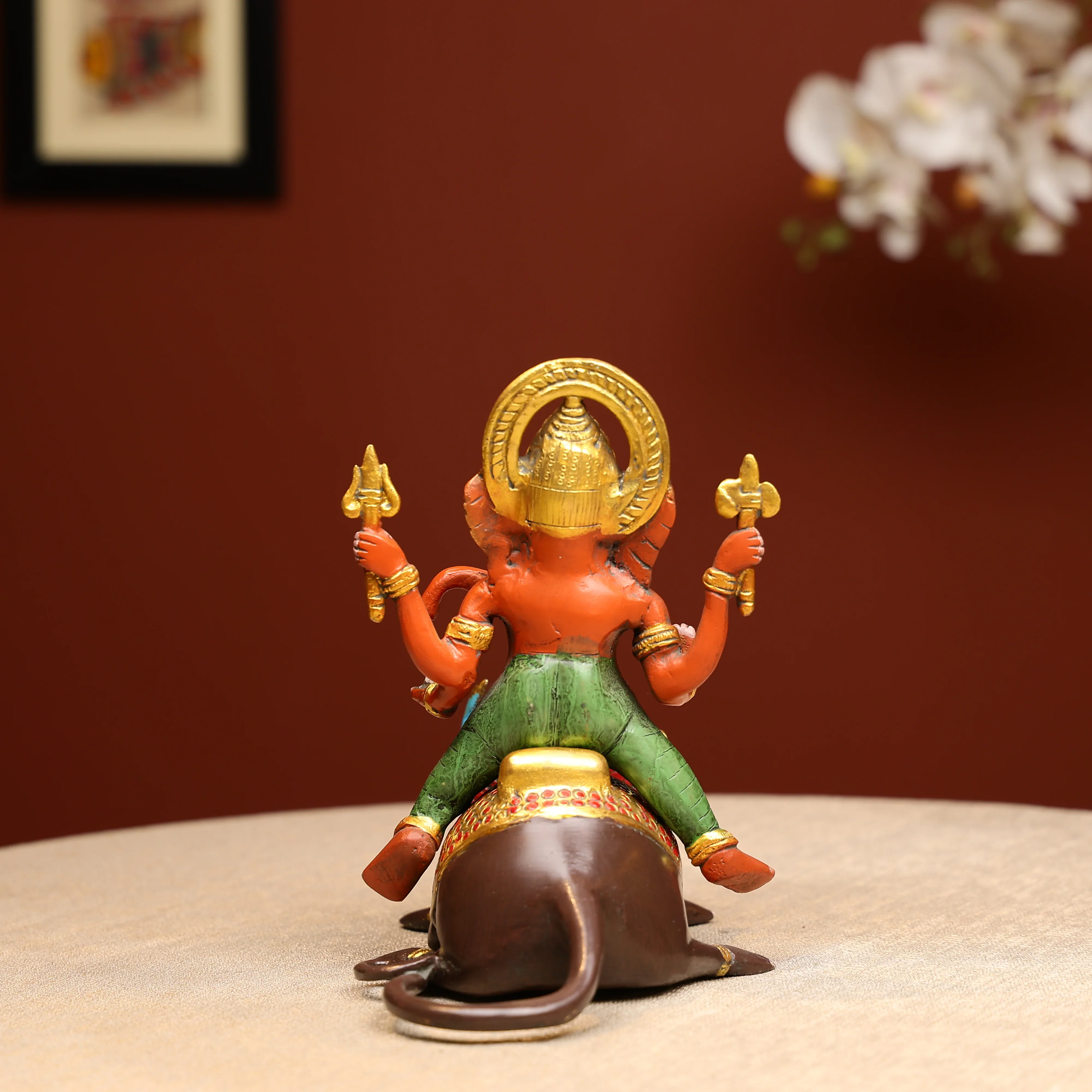 Coloured Brass Lord Ganesha Statue Seated On Mouse - Image 4
