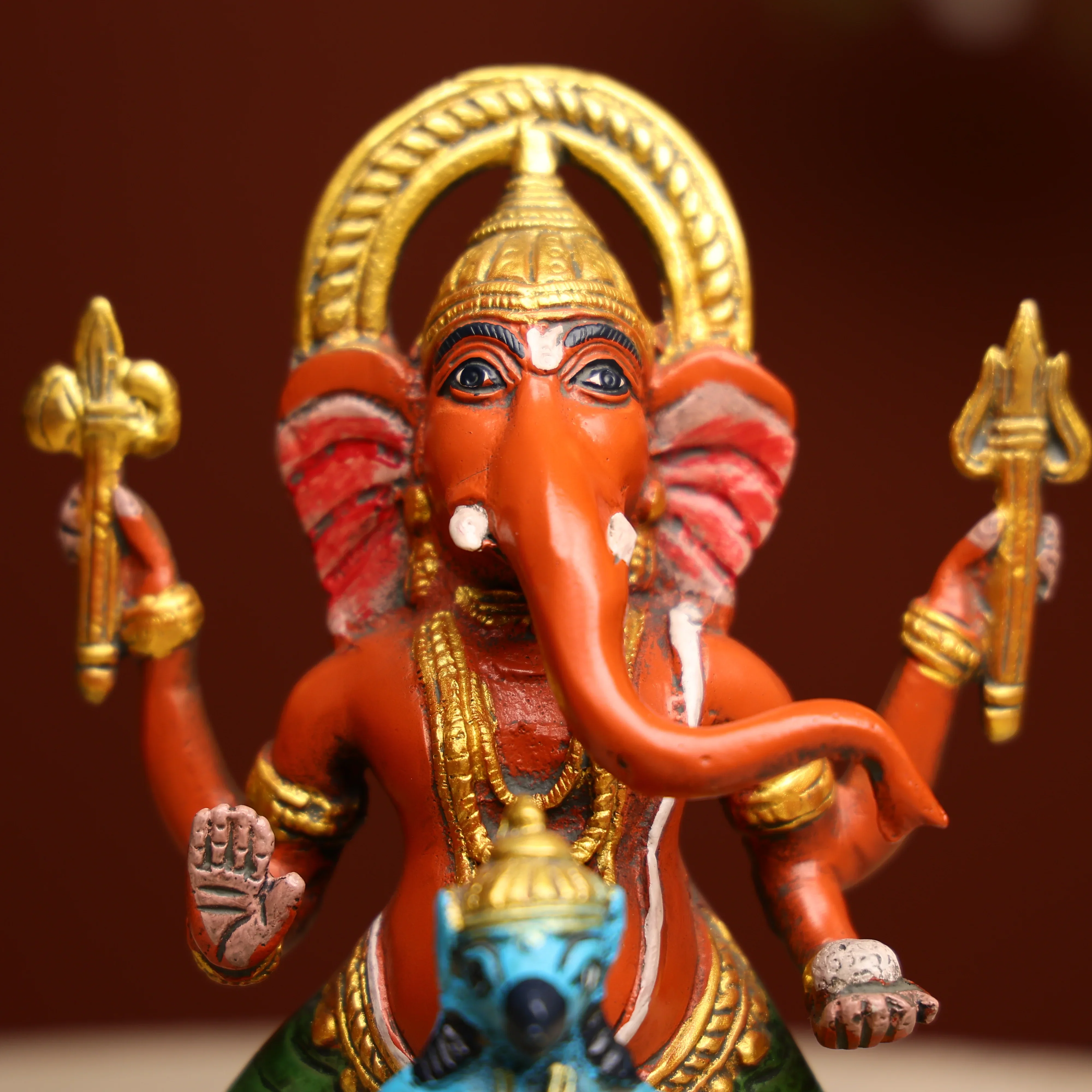 Coloured Brass Lord Ganesha Statue Seated On Mouse - Image 5