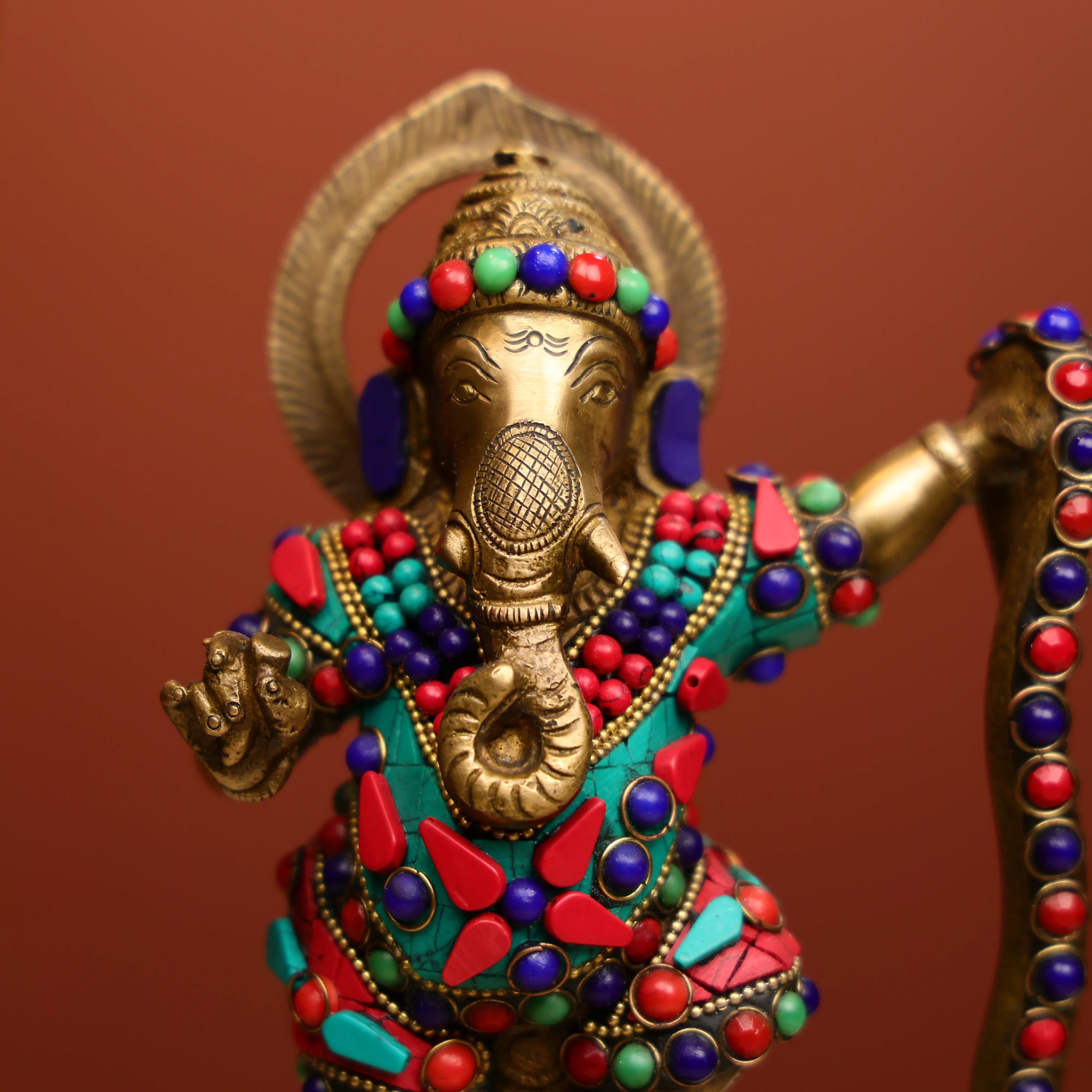 Stone Worked Brass Lord Ganesha Dancing On Kalinga Naga - Image 9