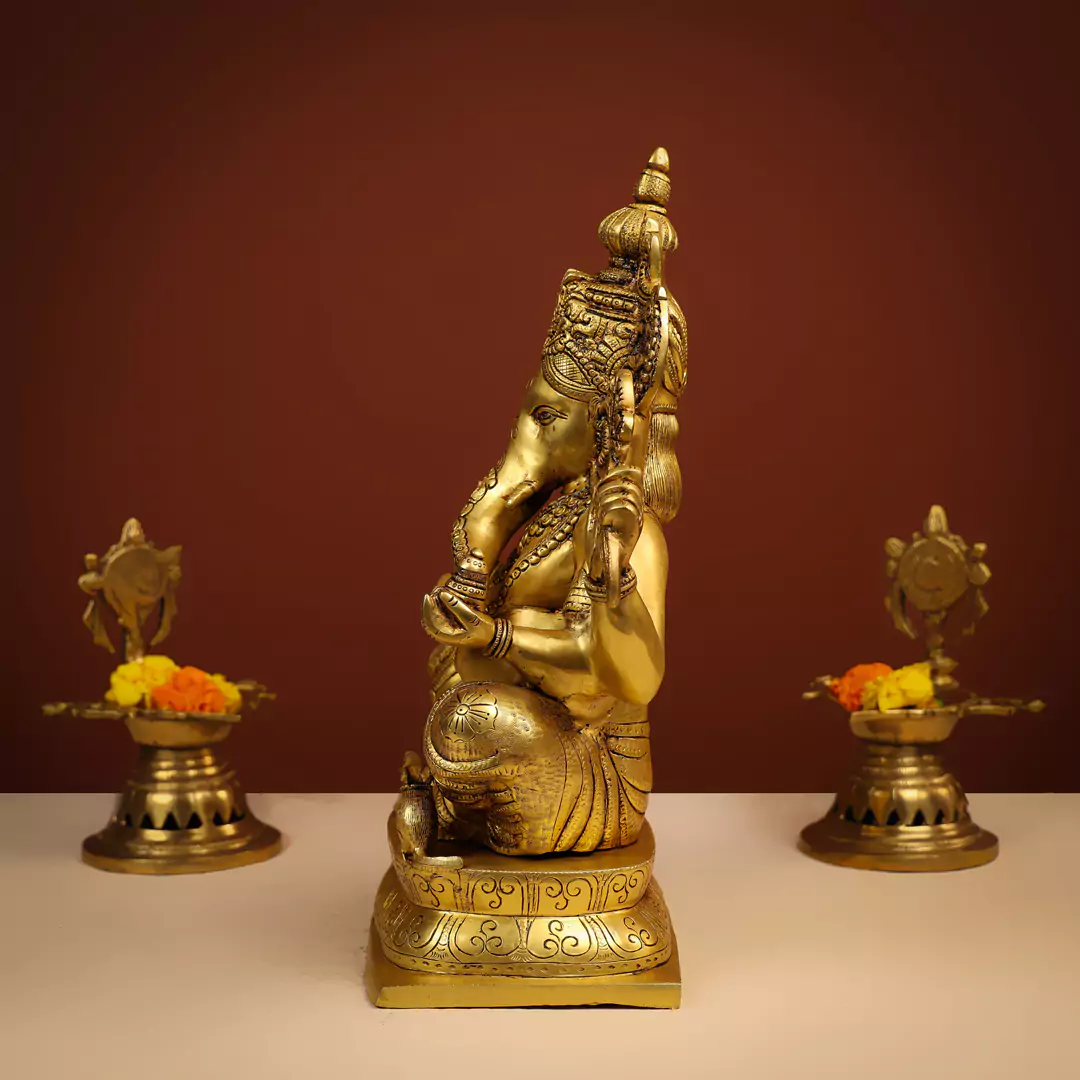 15" Brass Lord Ganesha Idol Seated On Designer Oval Base - Large - Image 3