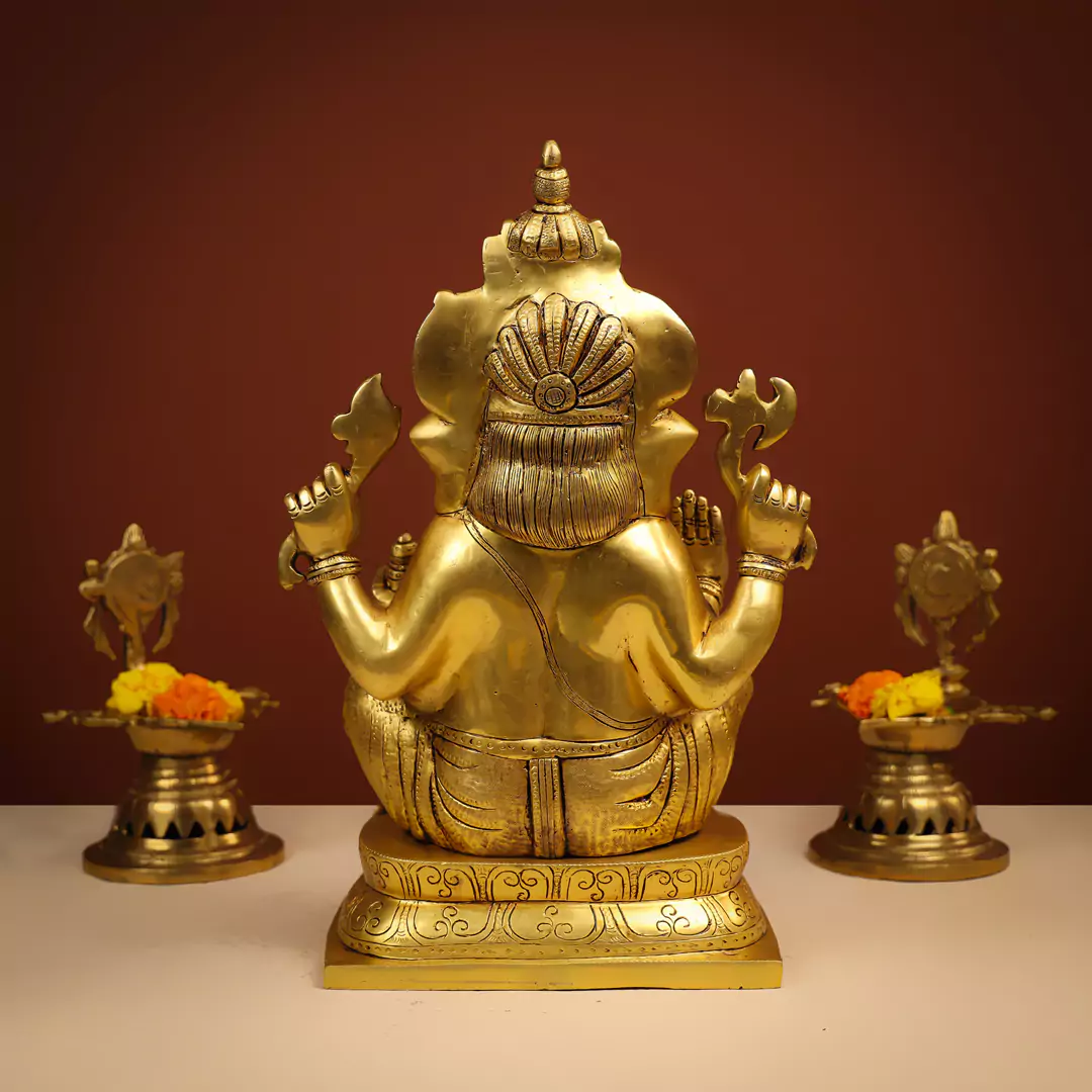 15" Brass Lord Ganesha Idol Seated On Designer Oval Base - Large - Image 4