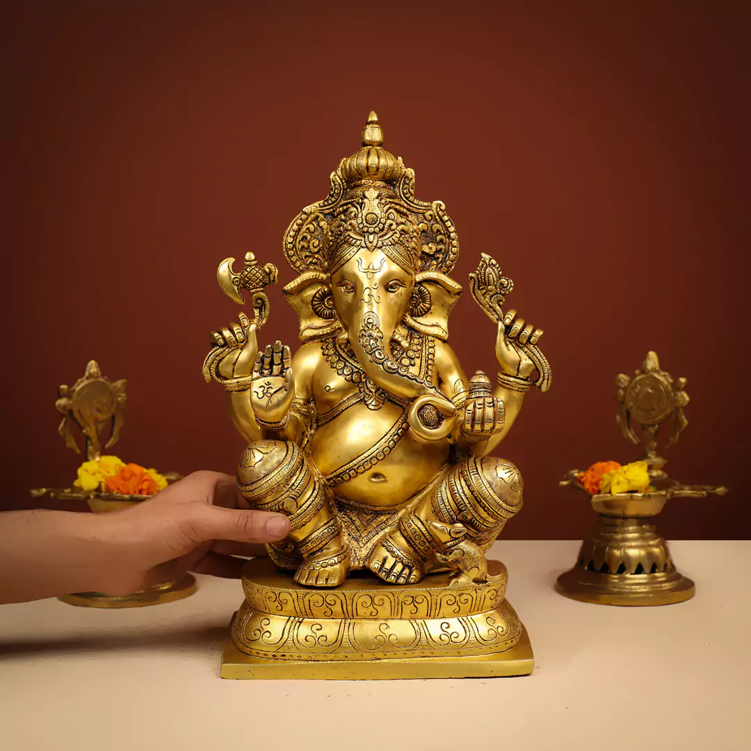 15" Brass Lord Ganesha Idol Seated On Designer Oval Base - Large - Image 5