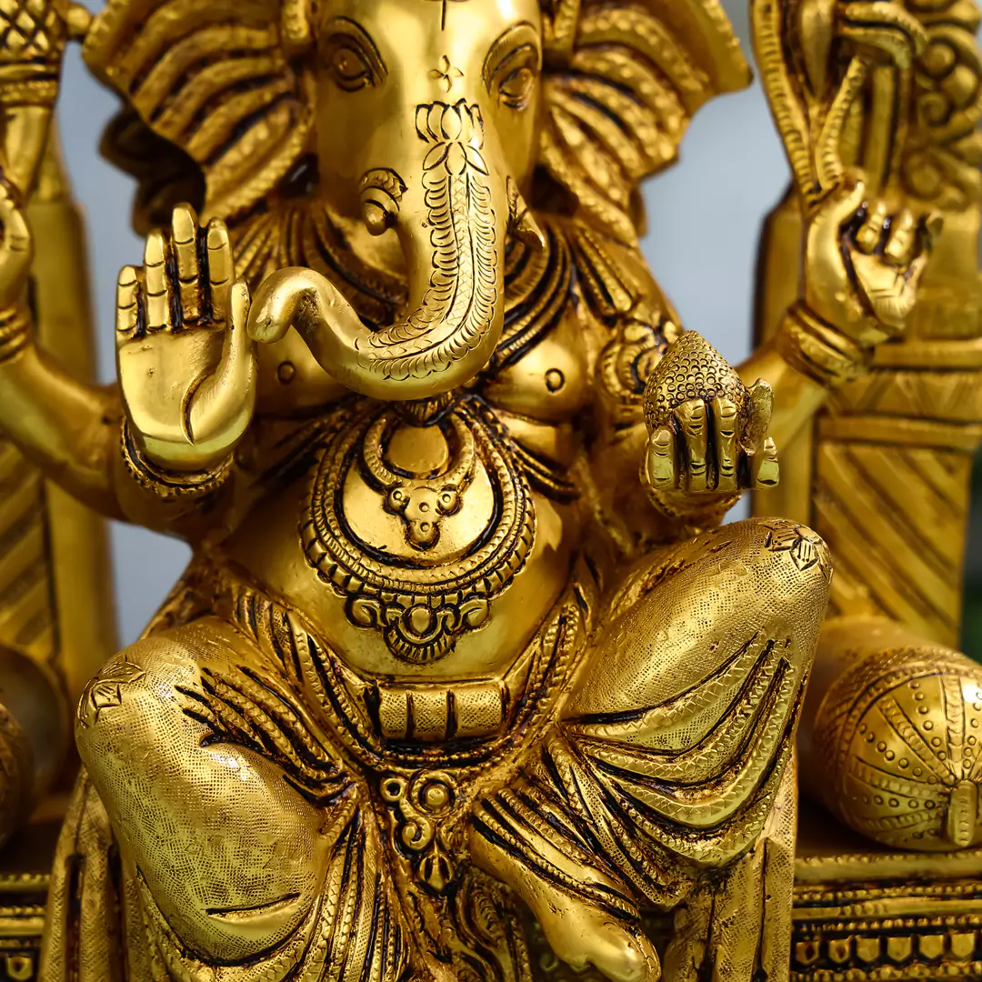 16" Brass Lord Ganesha Idol Seated On Throne - Image 4