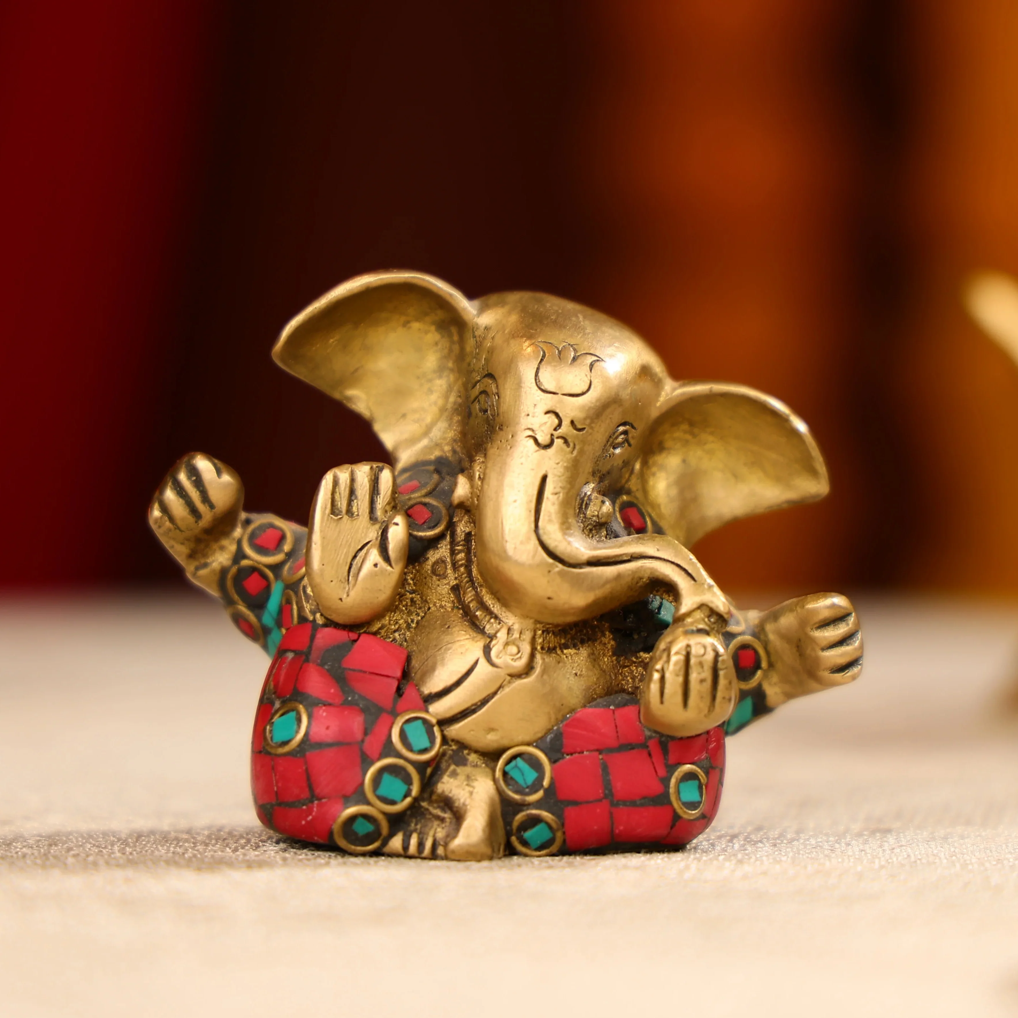 Brass Lord Ganesha Idol With Colourful Traditional Attire