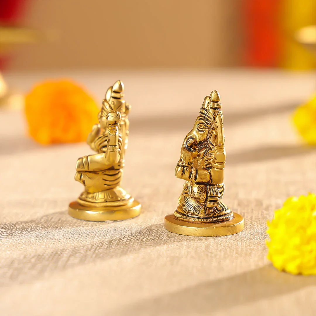 2.5" Brass Lord Ganesha & Laxmi Seated On Round Base Idol Set - Image 4